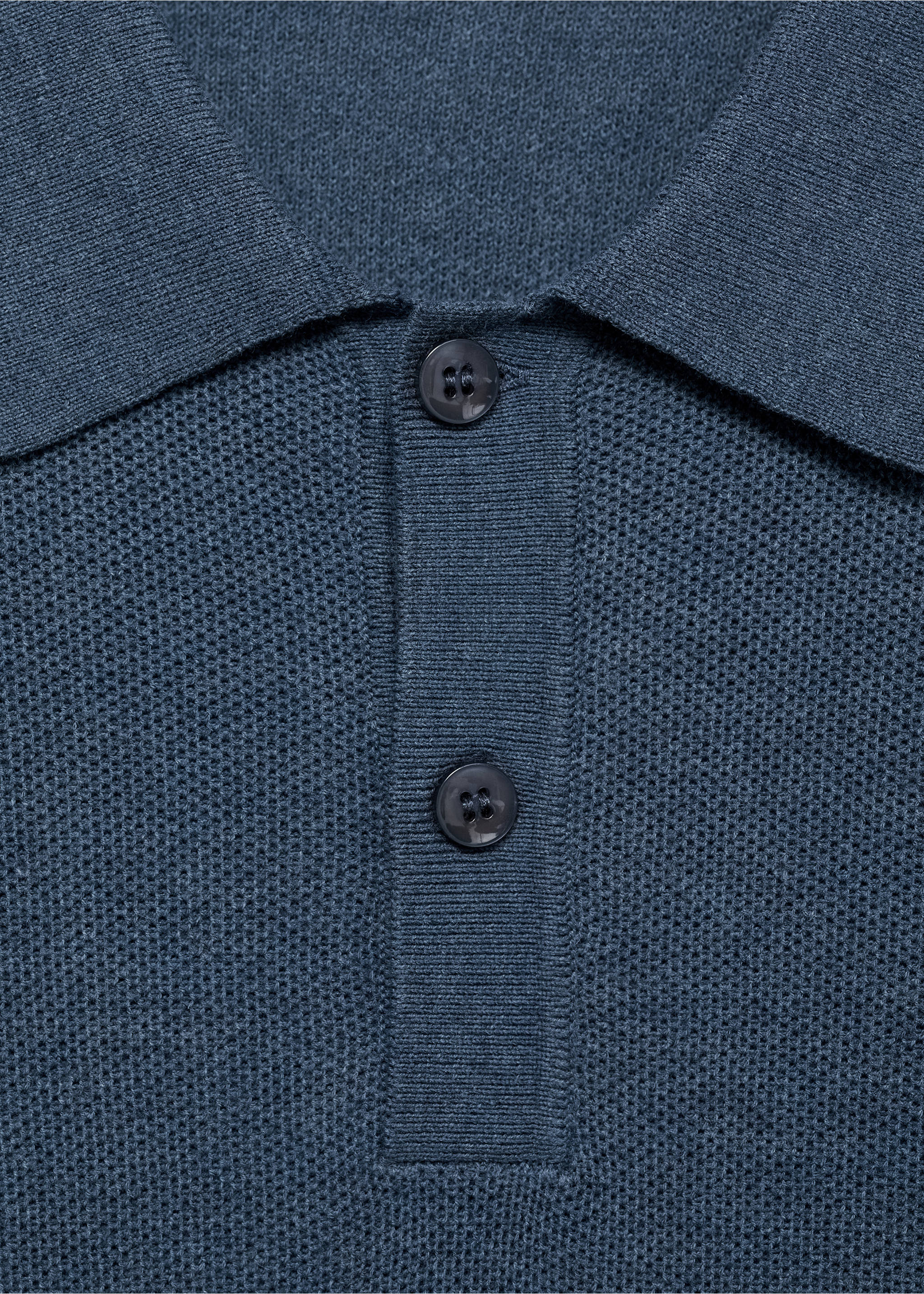 Micro-structured cotton knitted polo shirt - Details of the article 8, Indigo Blue. Ref: 87010601-00.