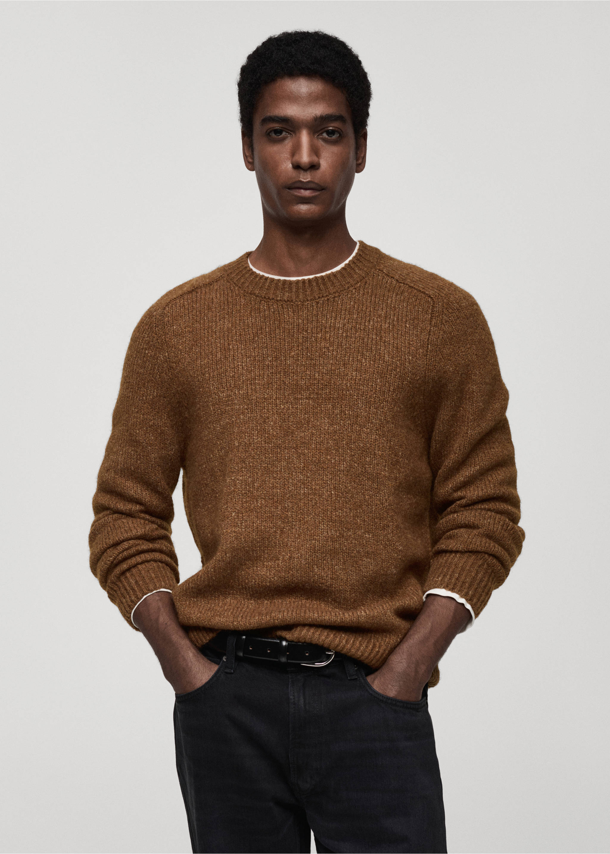 Wool and cotton-blend knitted sweater - Medium plane, Medium Brown. Ref: 87010604-00.