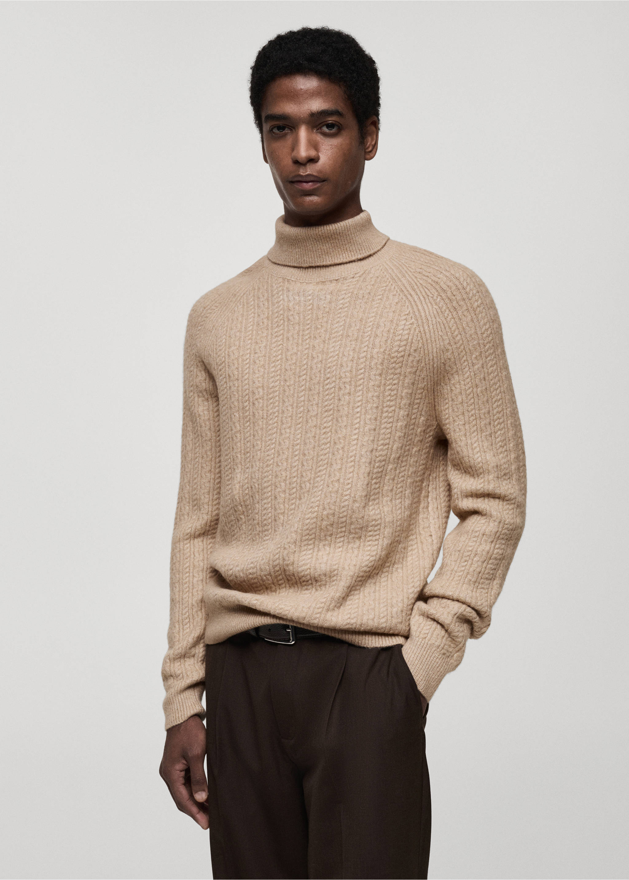 Braided knit turtleneck sweater - Medium plane, Beige. Ref: 87010605-00.