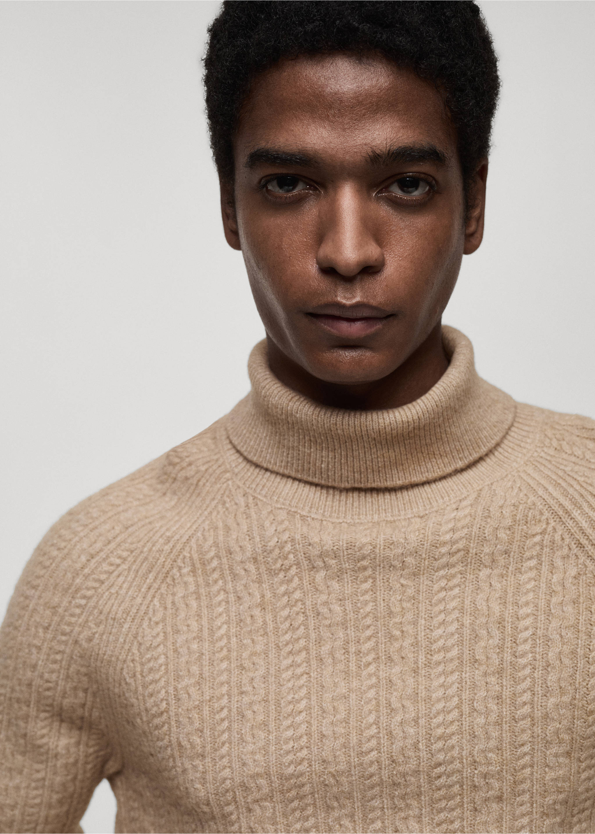 Braided knit turtleneck sweater - Details of the article 1, Beige. Ref: 87010605-00.