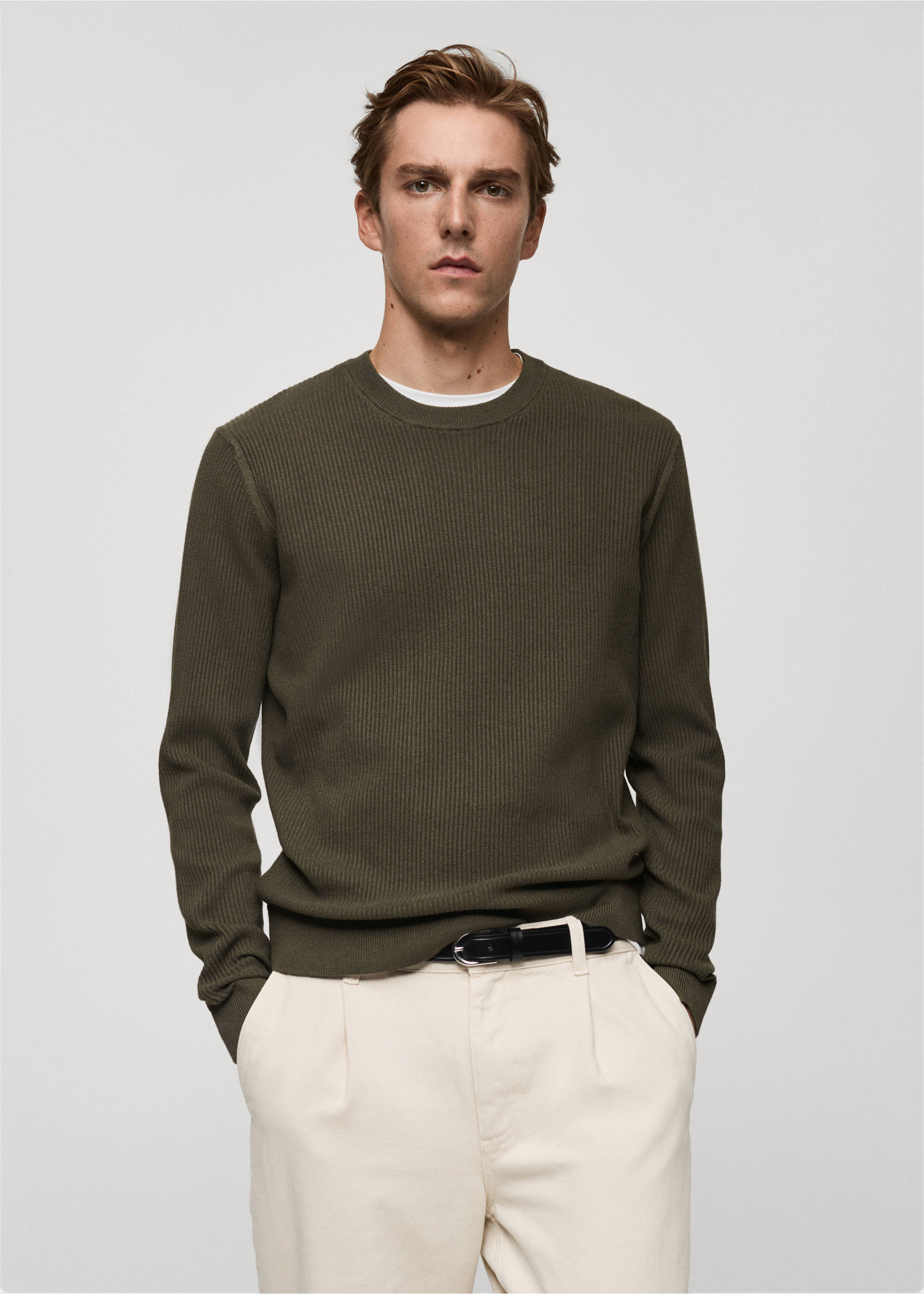 Jersey algodón punto fino canalé - Plano medio, Khaki. Ref: 87010610-00.