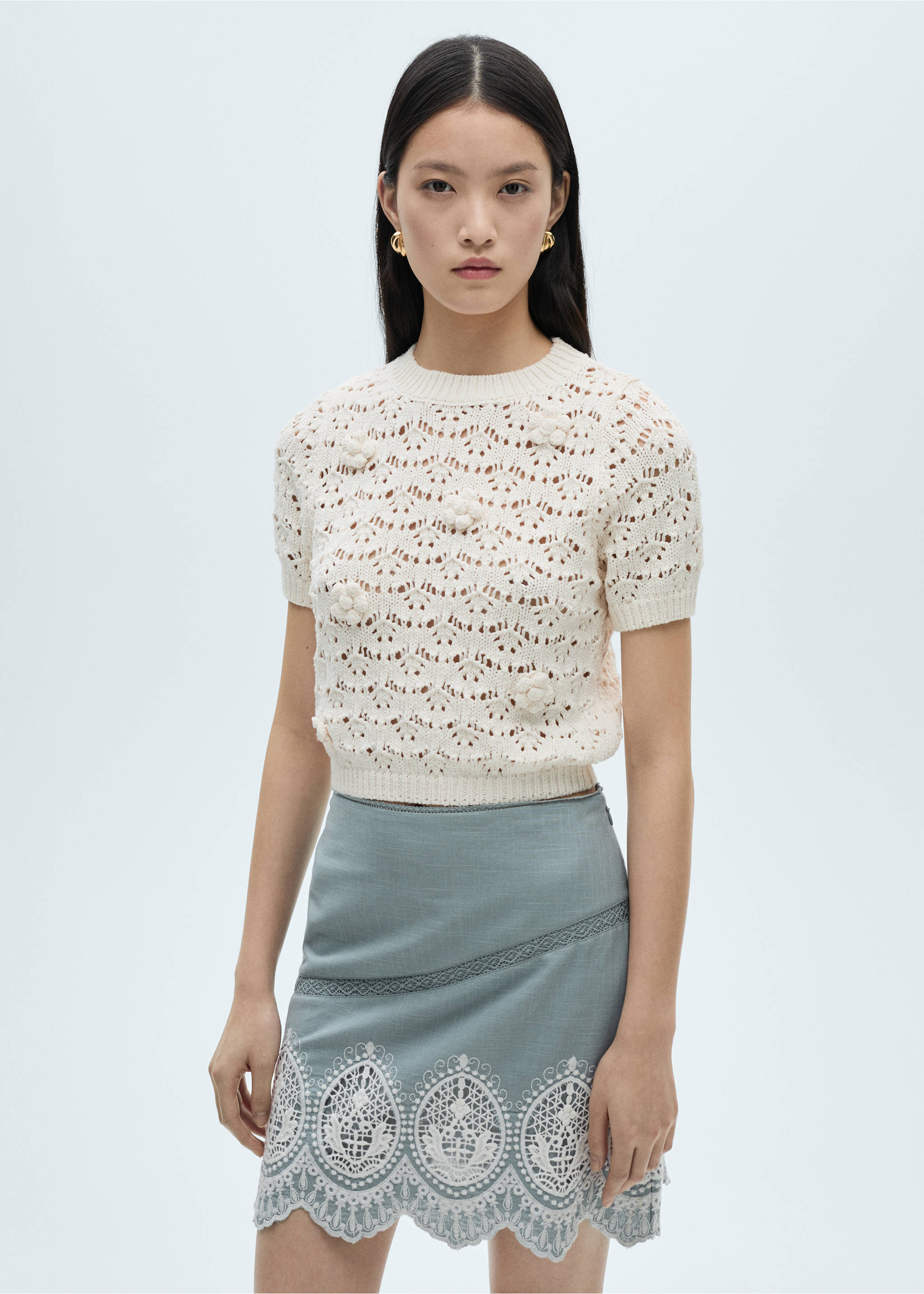Cotton skirt with embroidered hem - Details of the article 1, Blue. Ref: 87010628-00.