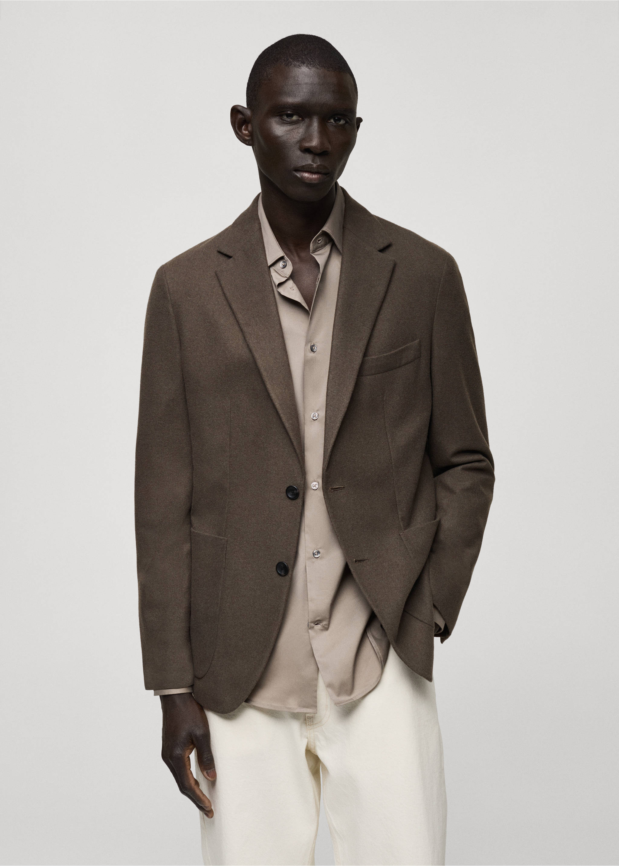 Slim fit wool blend blazer - Medium plane, Khaki. Ref: 87010633-00.