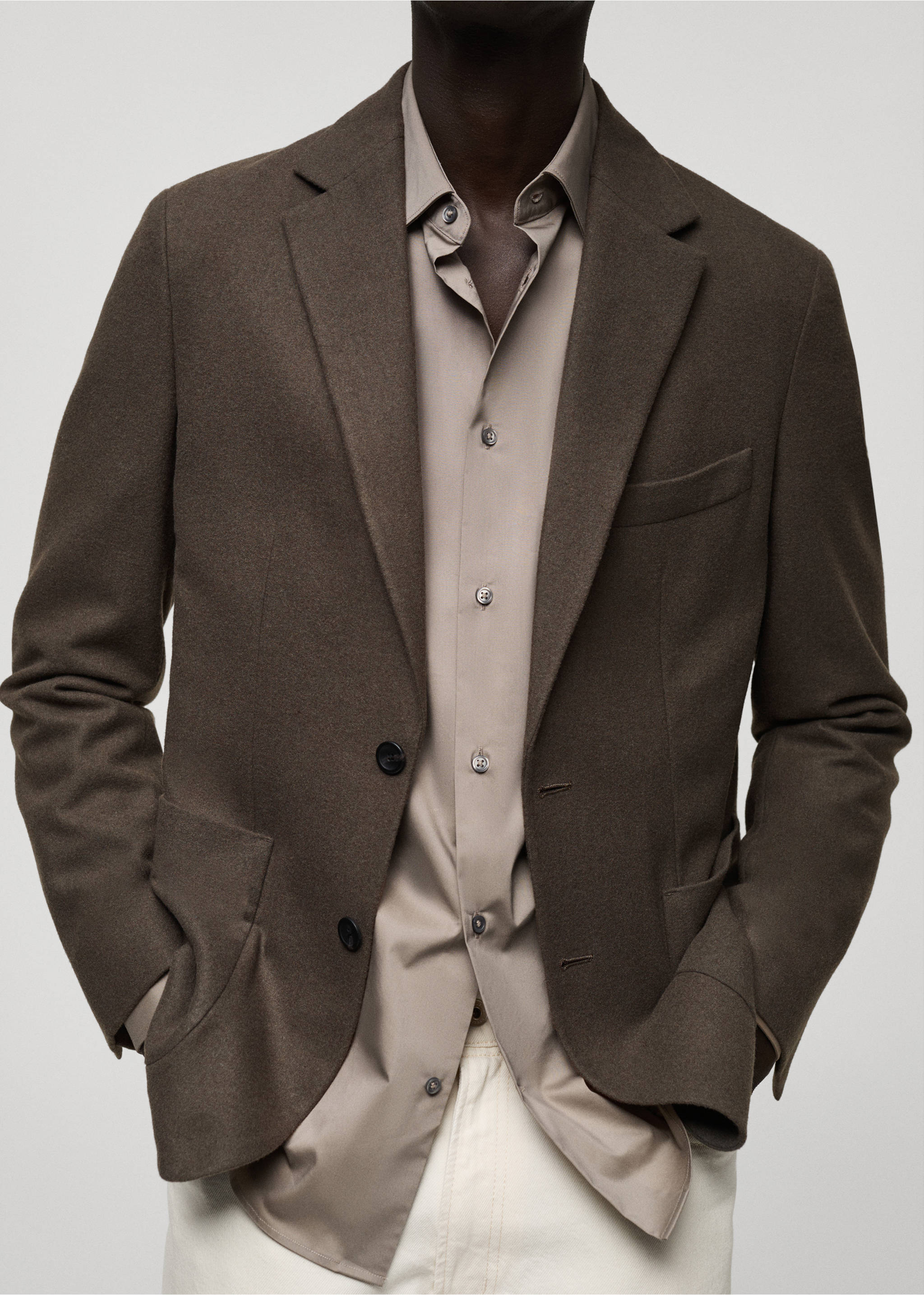 Slim fit wool blend blazer - Details of the article 6, Khaki. Ref: 87010633-00.