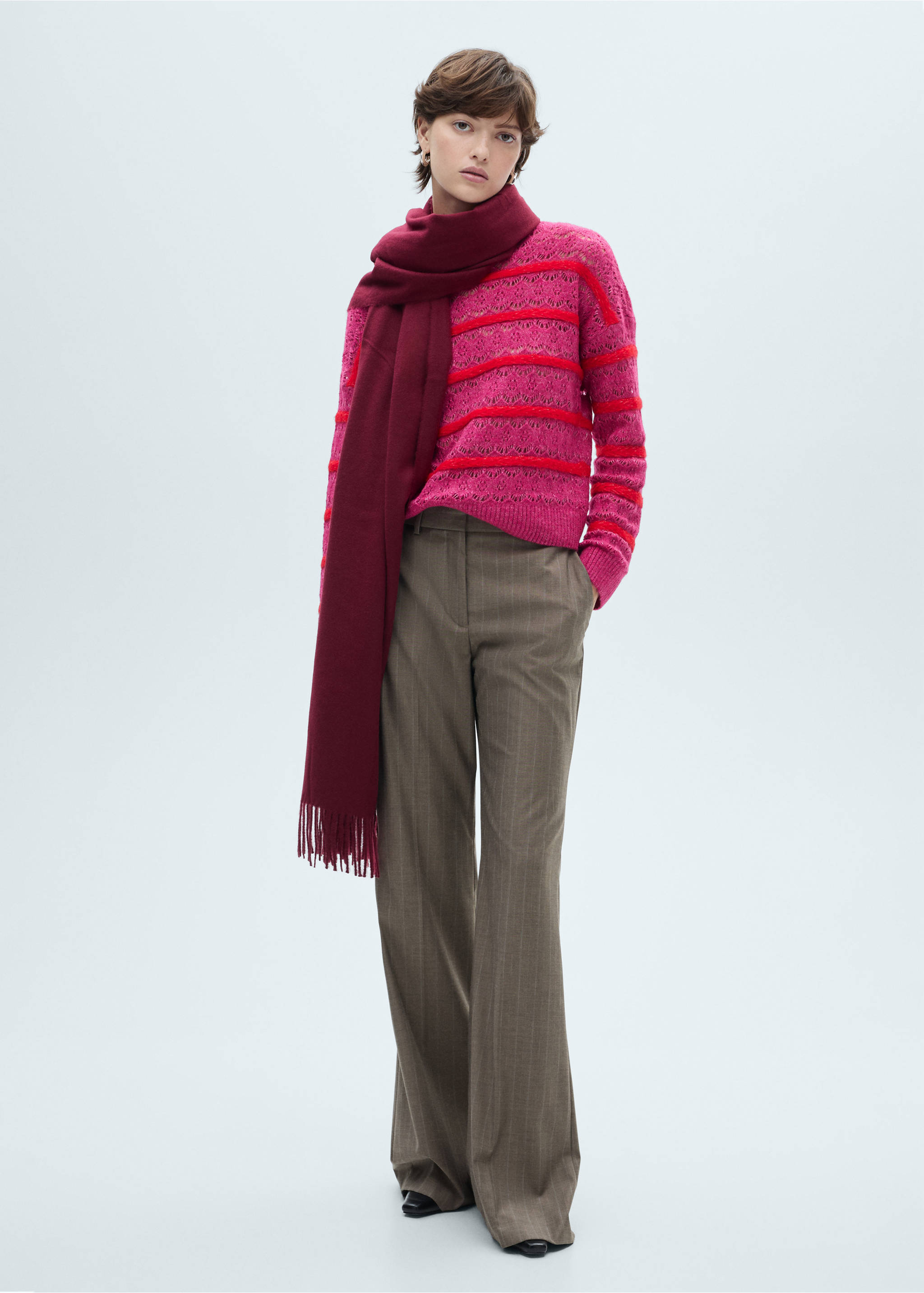 Two-tone sweater with lace design - General plane, Pastel Pink. Ref: 87010652-00.