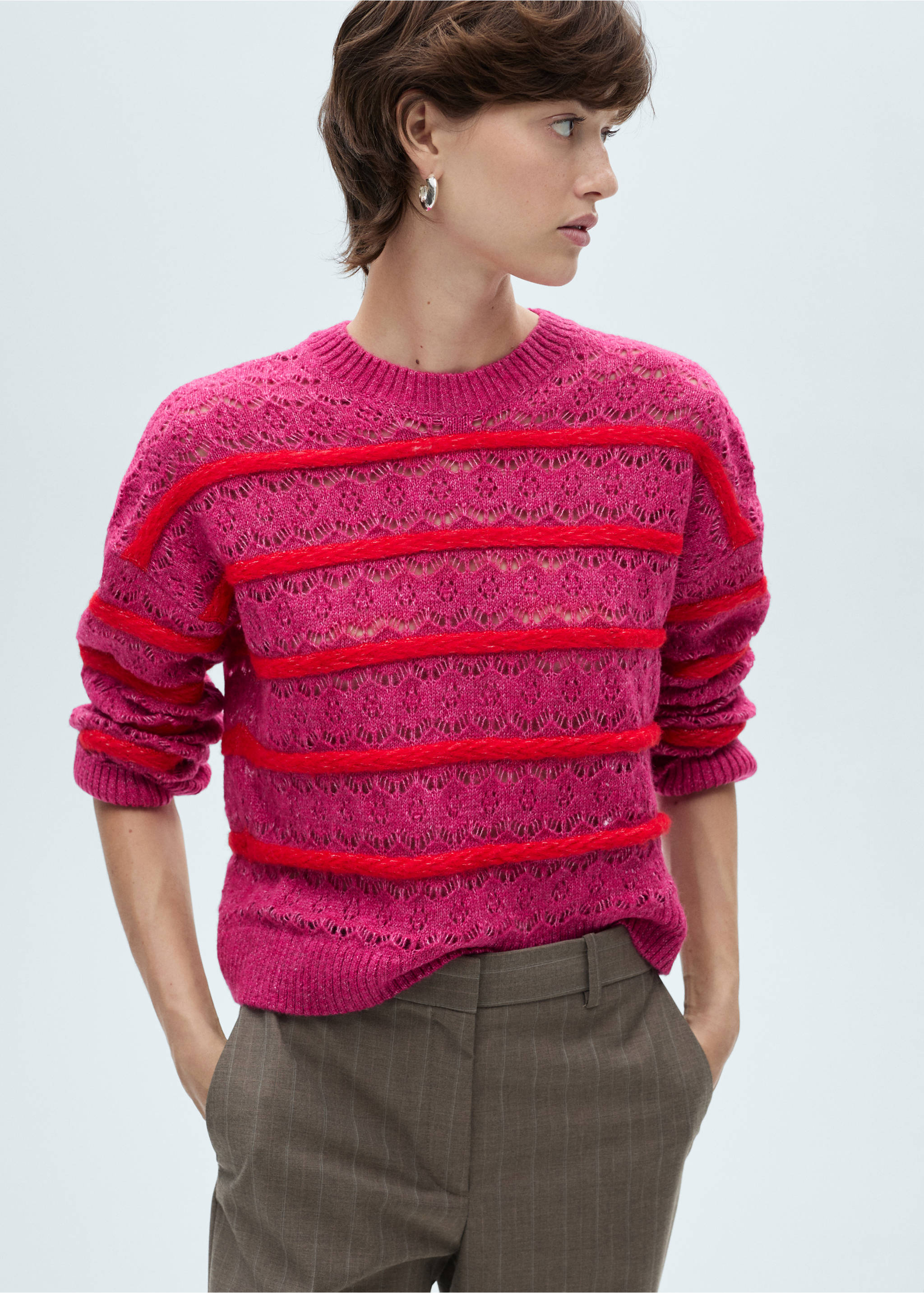 Two-tone sweater with lace design - Medium plane, Pastel Pink. Ref: 87010652-00.