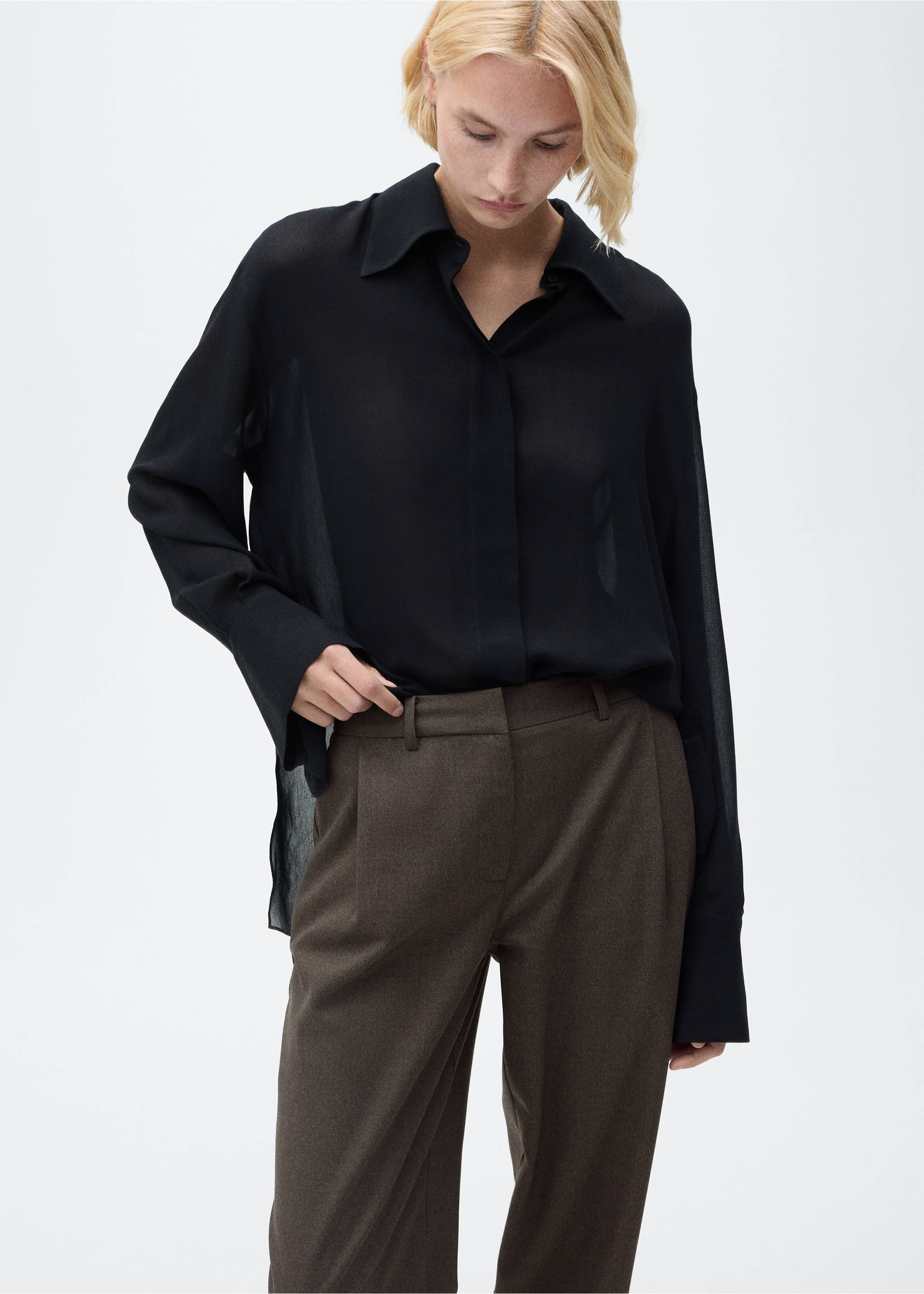 Buttoned-hem wide leg trousers - Details of the article 1, Brown. Ref: 87011515-00.