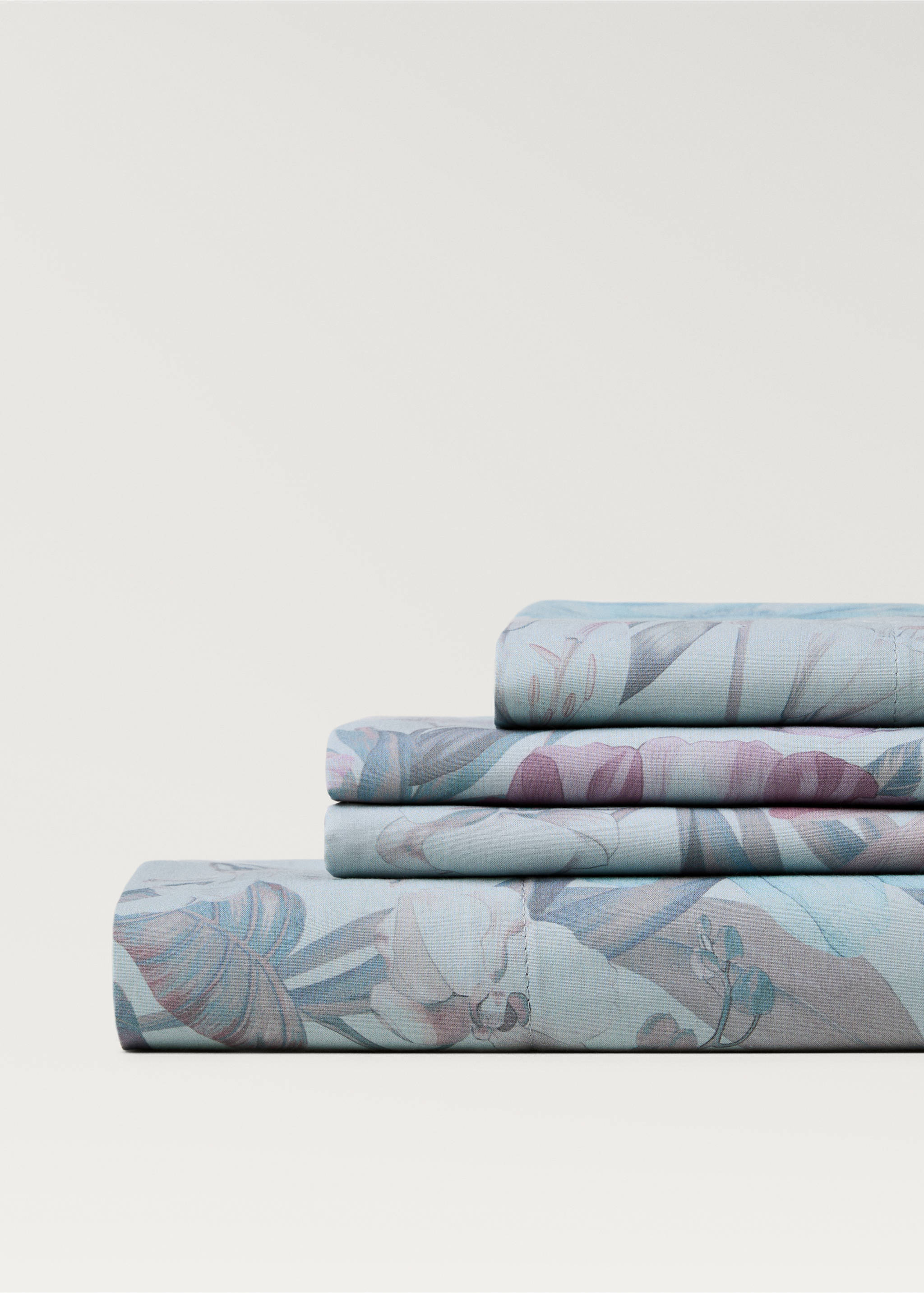 Top sheet in multicolour floral printed percale cotton for a 90 cm bed - Details of the article 2, Aqua Green. Ref: 87012928-00.