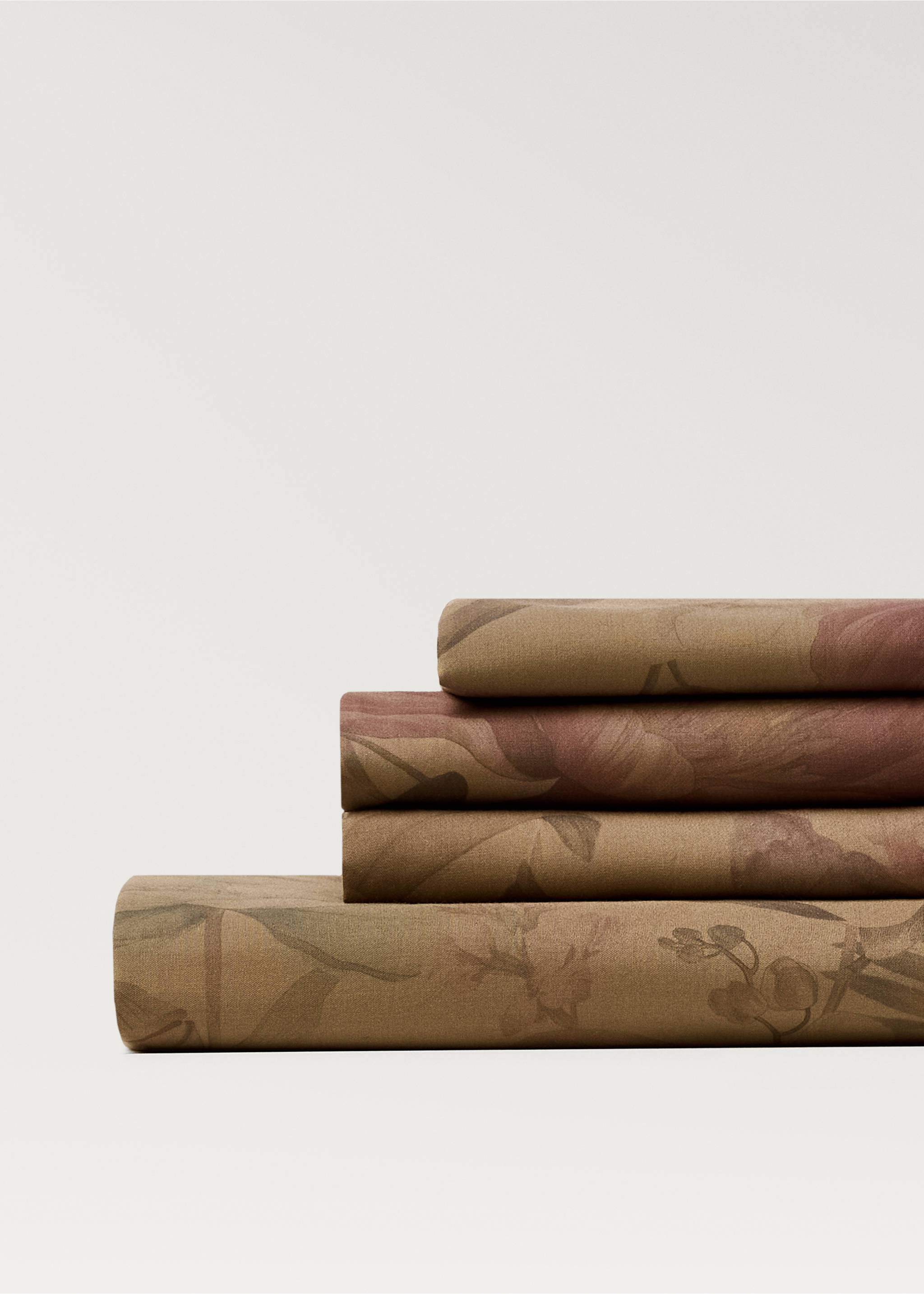 Cotton percale multi-coloured floral-print top sheet for 150/160cm bed - Details of the article 2, Khaki. Ref: 87012930-00.