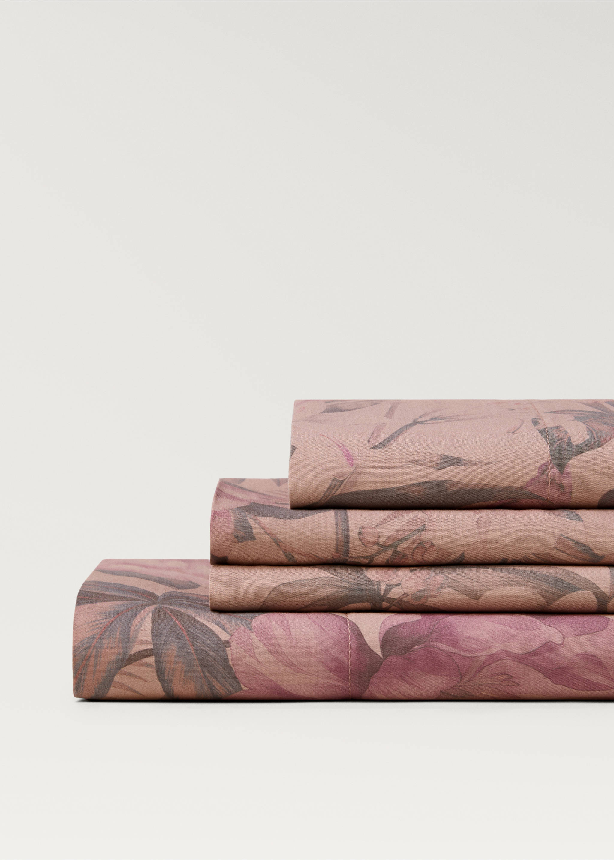 Cotton percale multi-coloured floral-print top sheet for 150/160cm bed - Details of the article 2, Pink. Ref: 87012930-00.