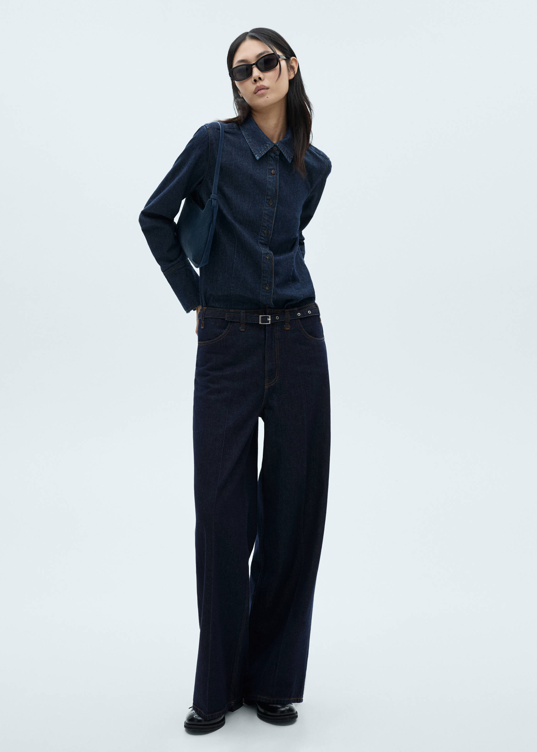 Rinse-wash wide leg jeans with belt - General plane
