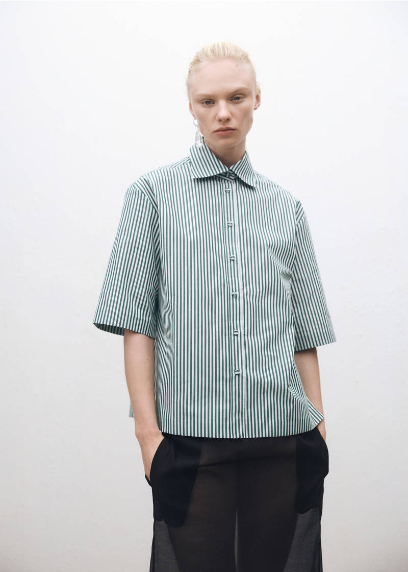 Short-sleeved striped cotton shirt - Forest Green