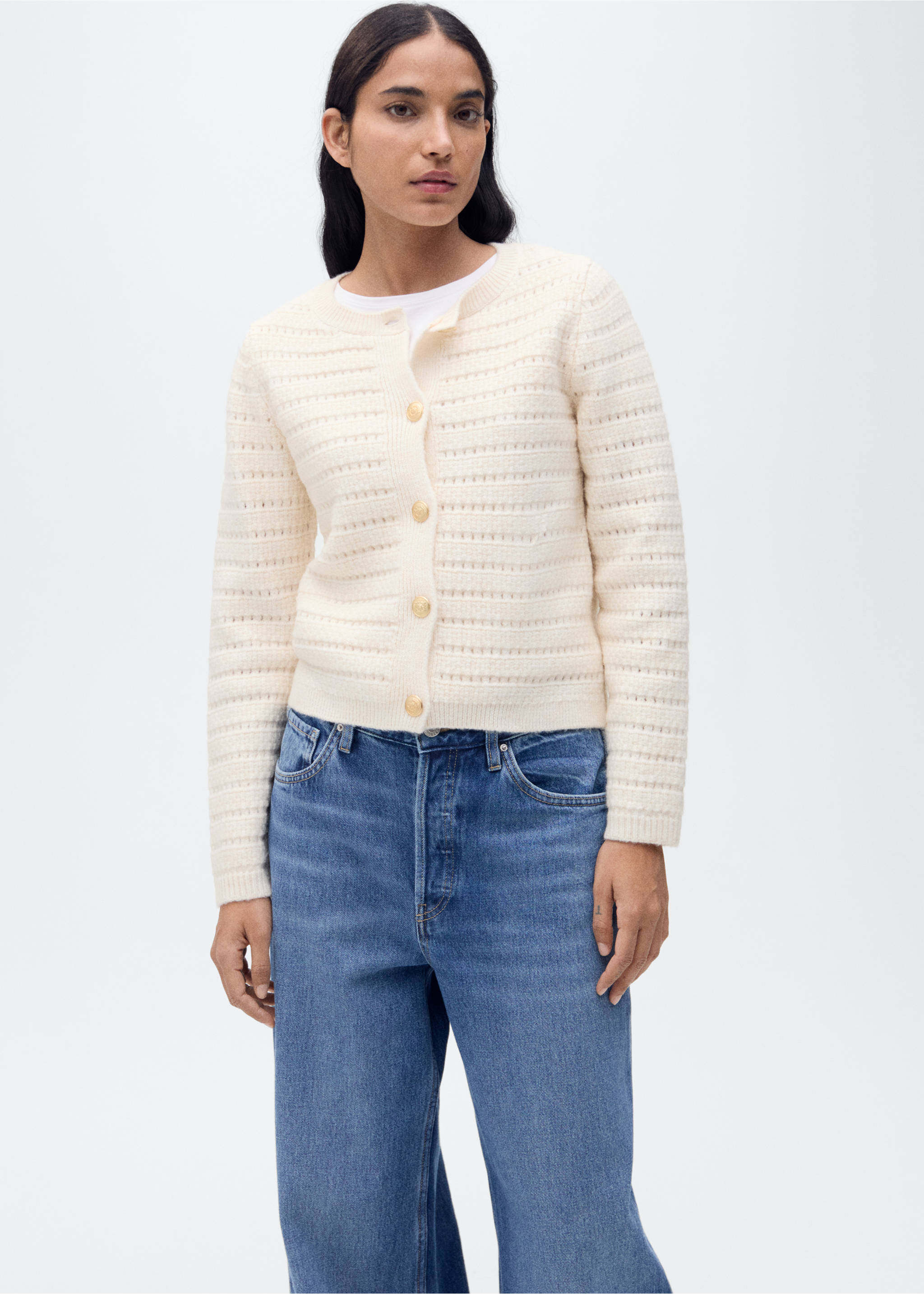 Openwork detail knit cardigan - Medium plane, Ecru. Ref: 87014095-00.