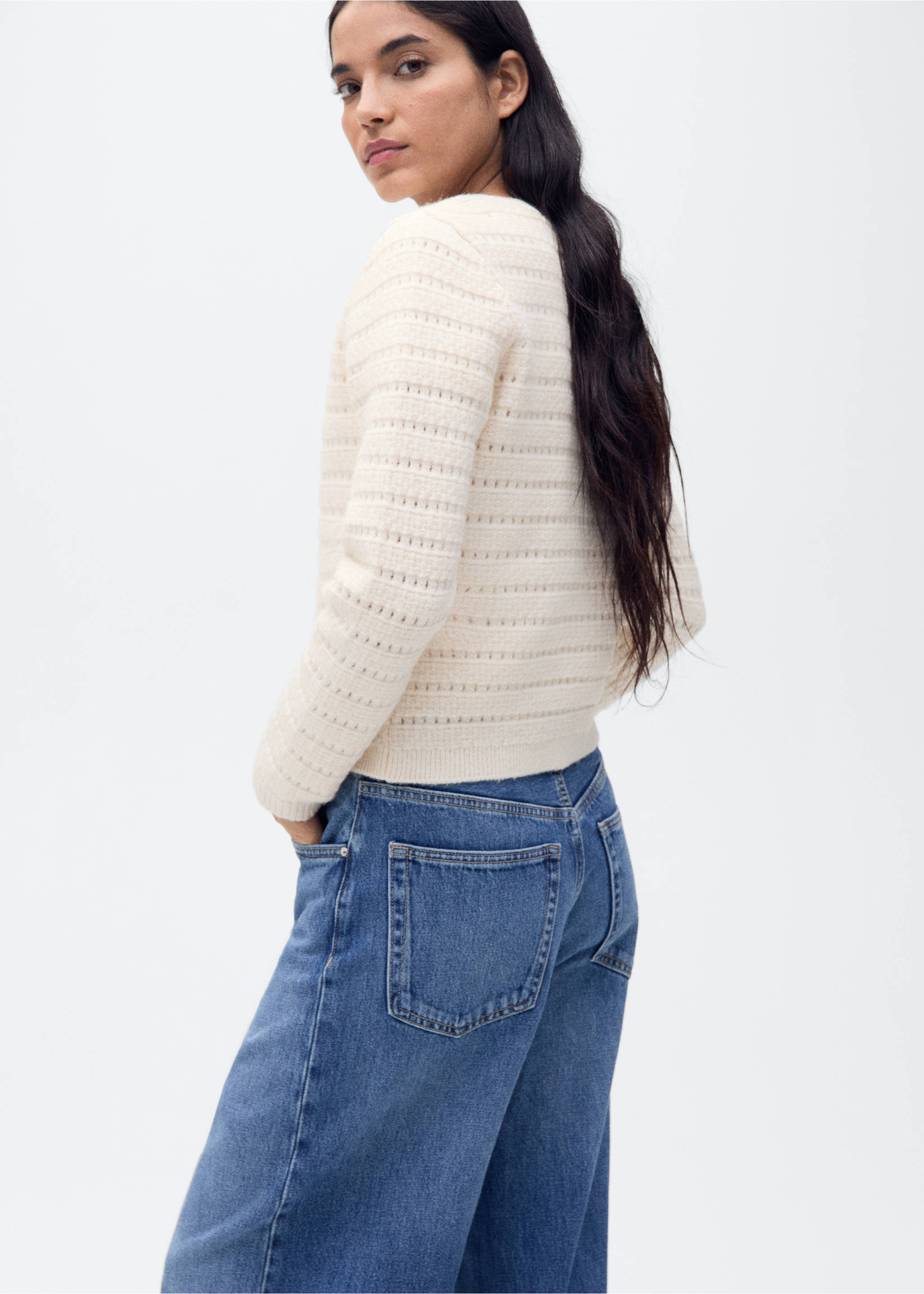 Openwork detail knit cardigan - Reverse of the article, Ecru. Ref: 87014095-00.