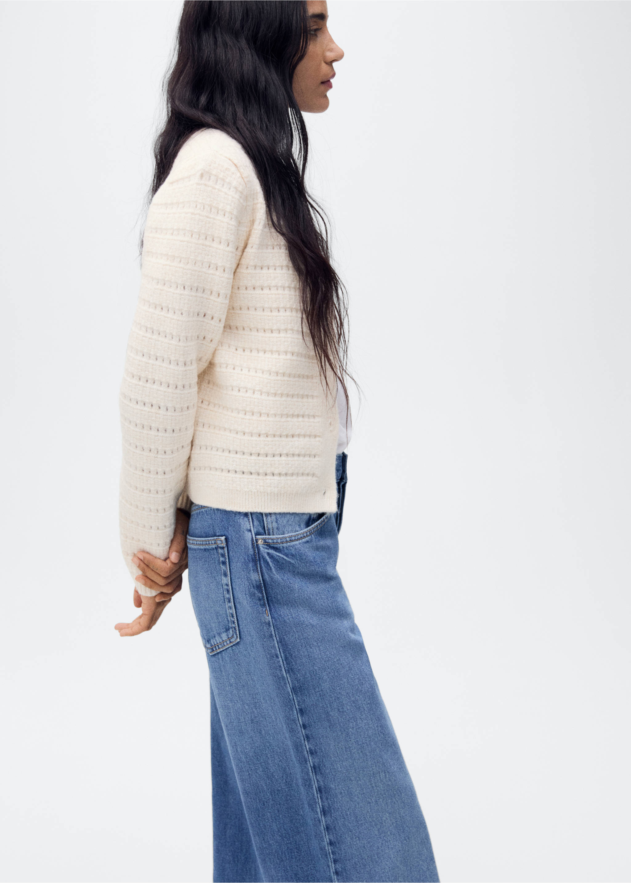 Openwork detail knit cardigan - Details of the article 2, Ecru. Ref: 87014095-00.