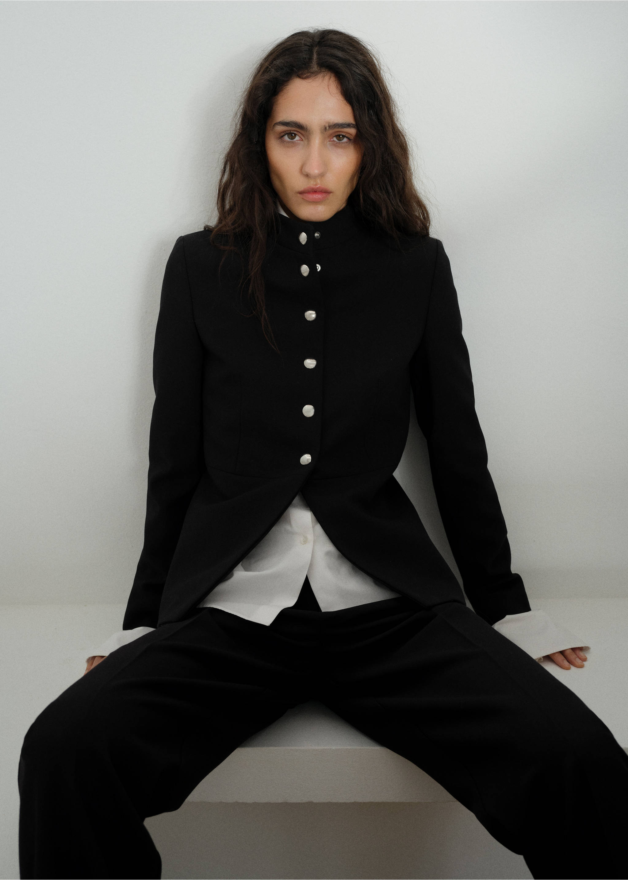 Jacket with jewel-button strip collar - Details of the article 2, Black. Ref: 87014096-00.