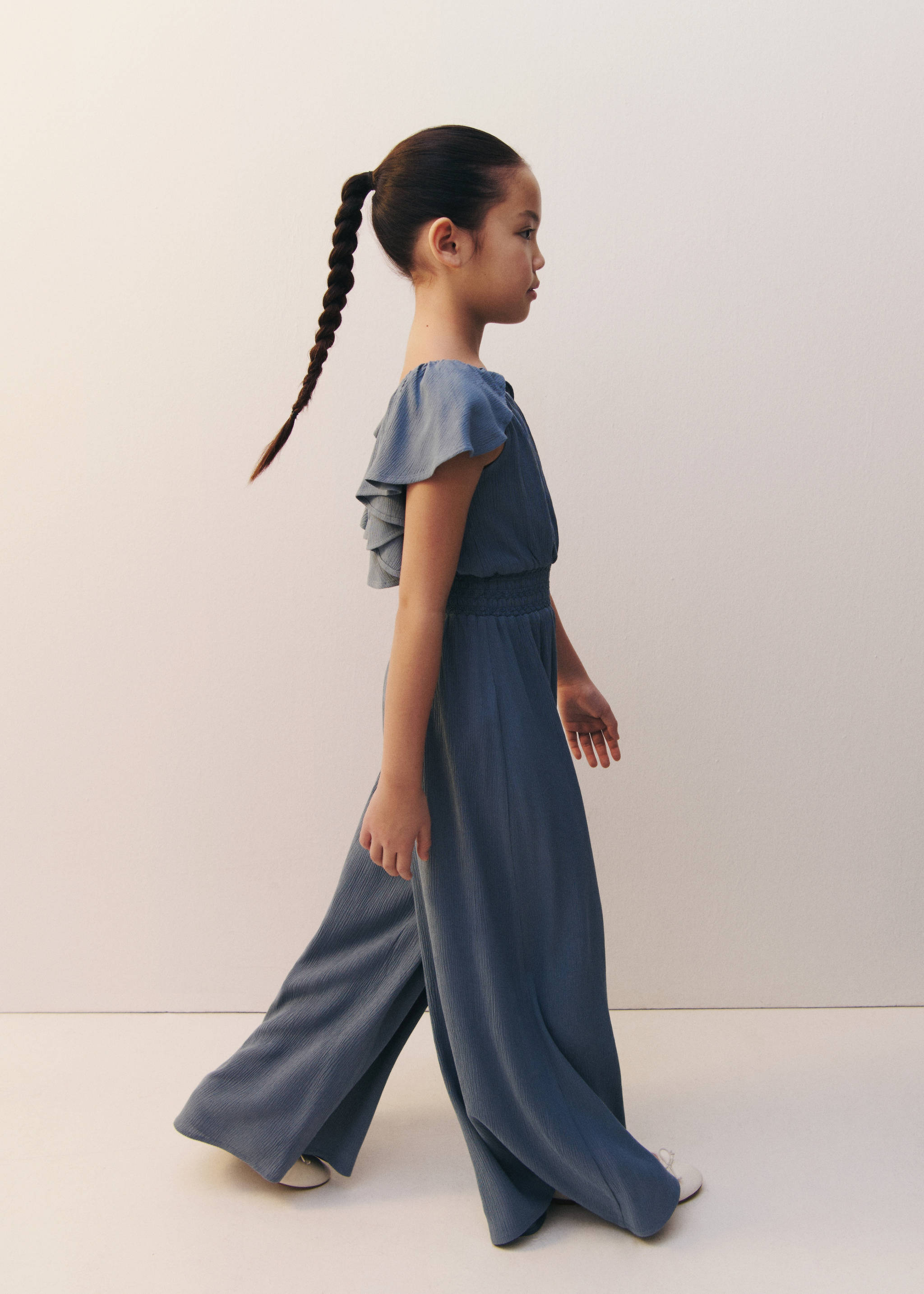 Jumpsuit with gathered waist - Details of the article 5, Blue. Ref: 87014408-00.