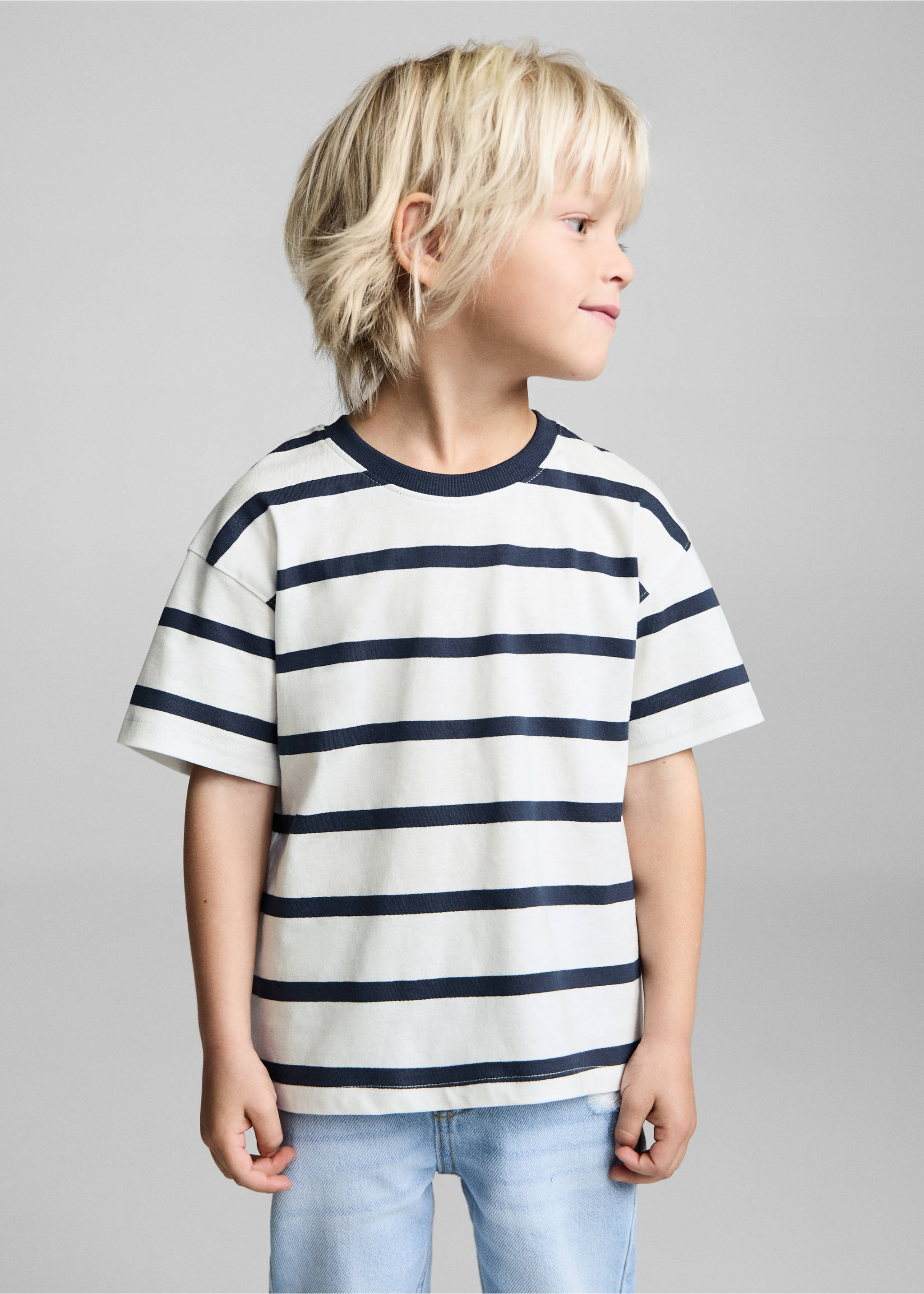 Gestreept katoenen T-shirt - Middenvlak, Gebroken wit. Ref: 87014805-00.