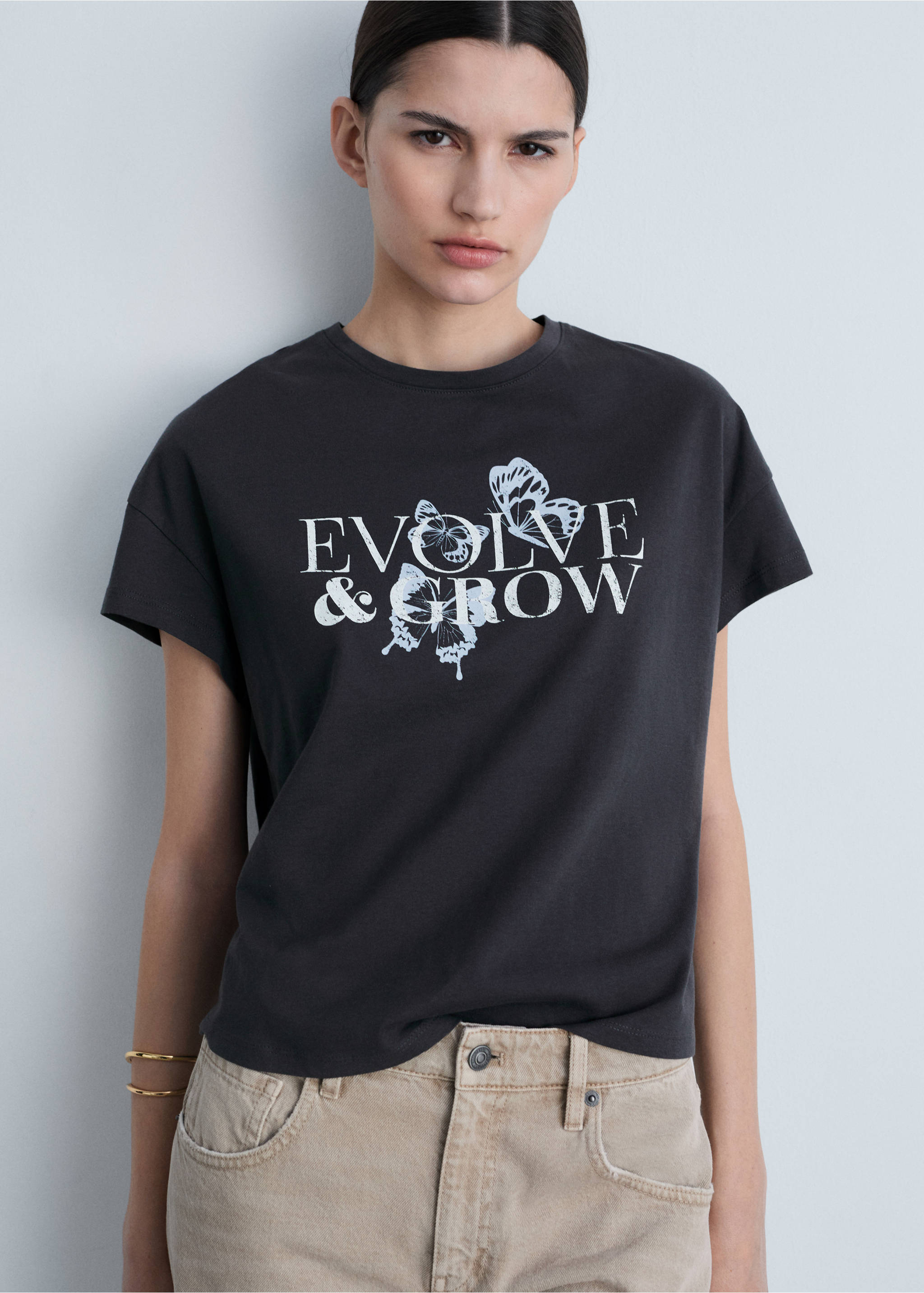 Cotton t-shirt with printed message - Medium plane, Charcoal. Ref: 87015746-00.