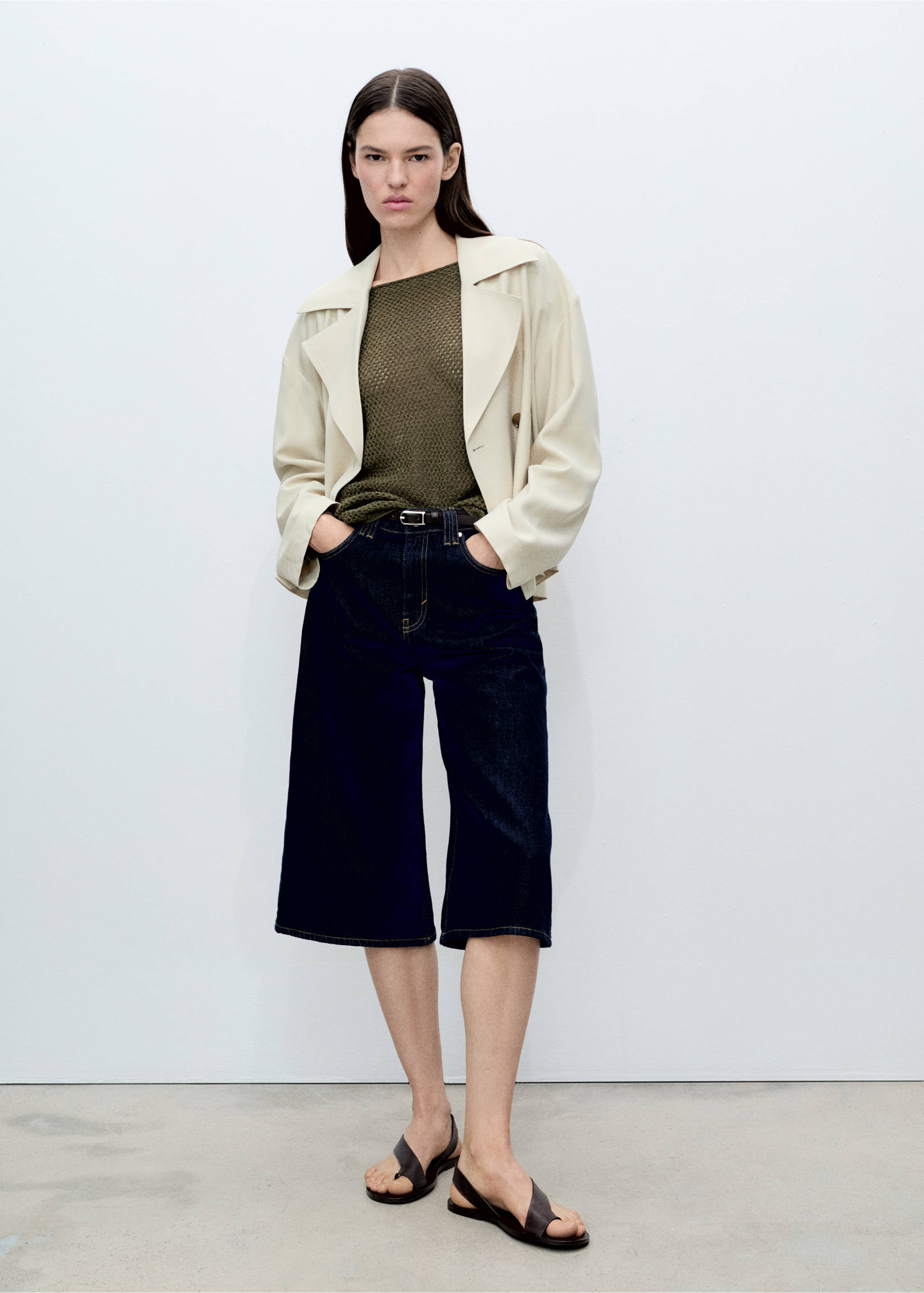 Pullover mit U-Boot-Ausschnitt und Lochstrickmuster - Allgemeine Ansicht, Khaki. Ref: 87015754-00.