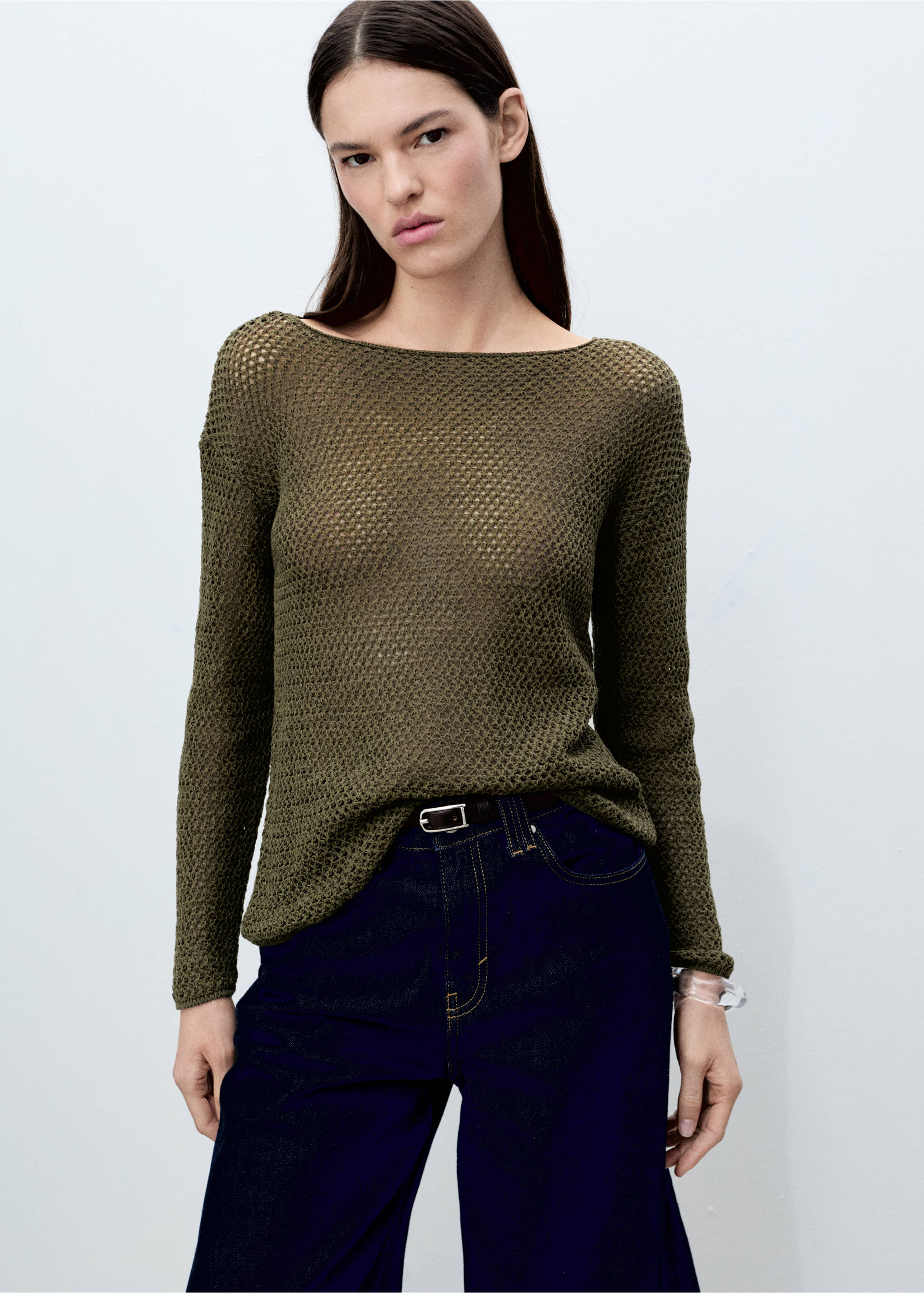 Pullover mit U-Boot-Ausschnitt und Lochstrickmuster - Mittlere Ansicht, Khaki. Ref: 87015754-00.