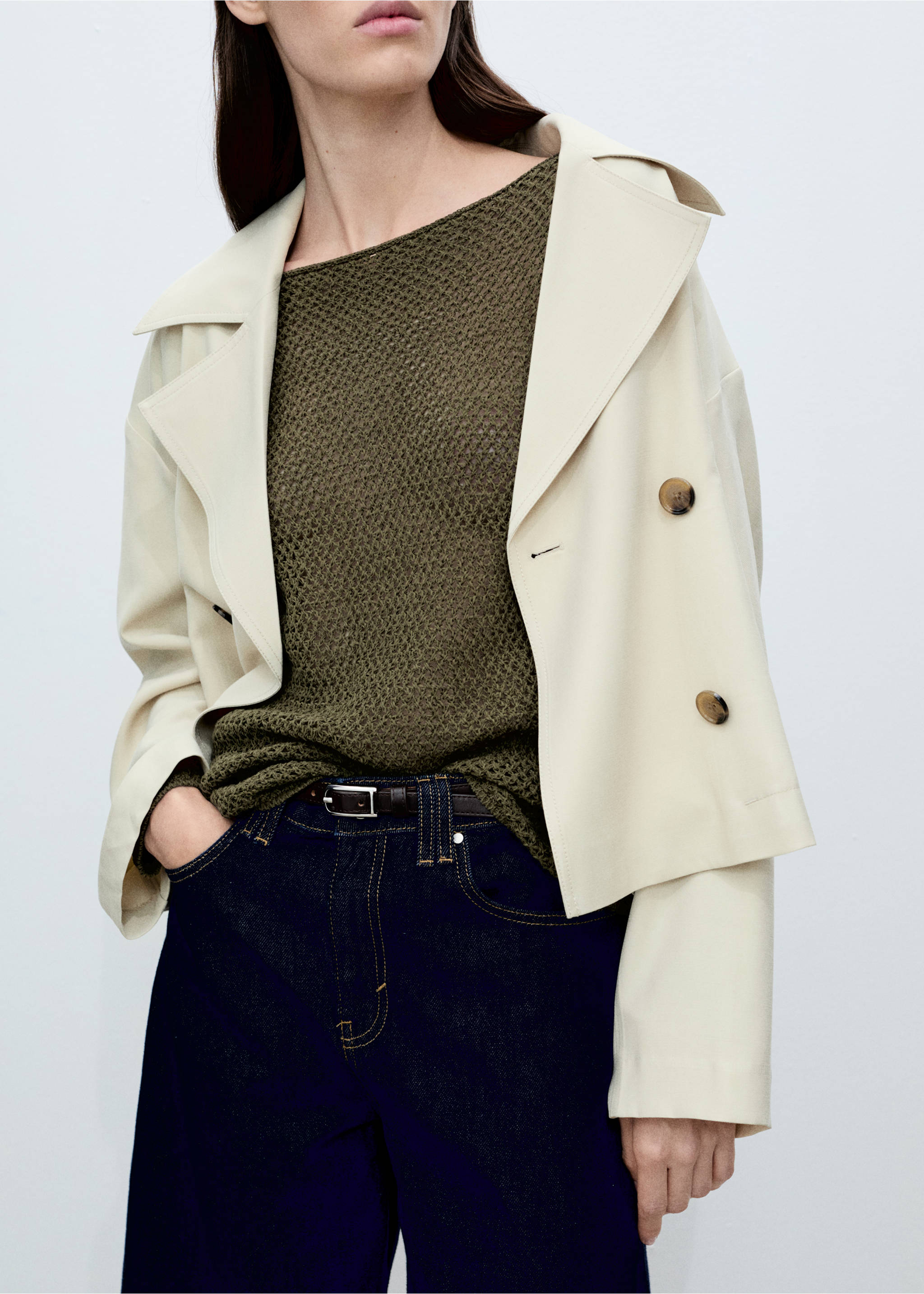 Pullover mit U-Boot-Ausschnitt und Lochstrickmuster - Detail des Artikels 6, Khaki. Ref: 87015754-00.