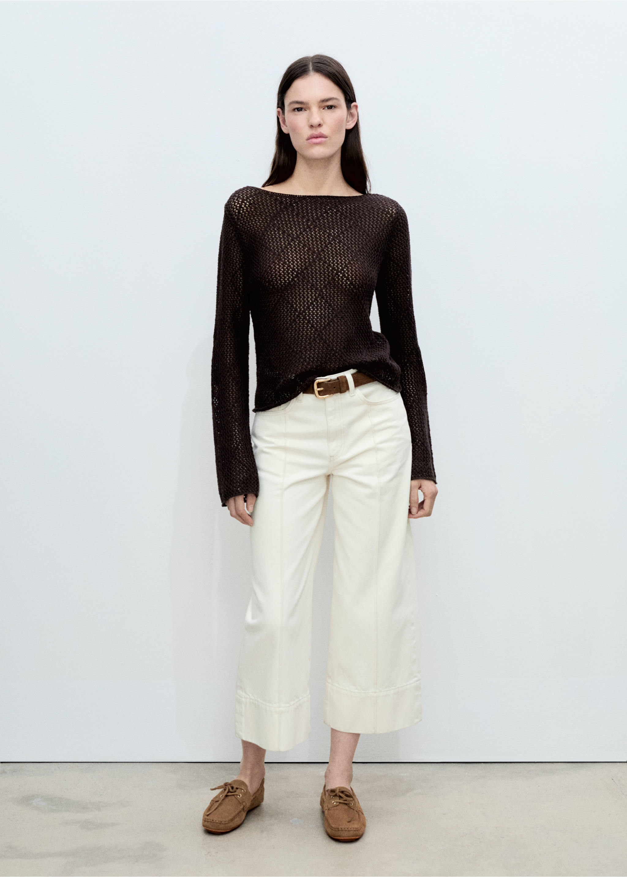Knitted cotton sweater with lace design - General plane, Chocolate. Ref: 87015755-00.