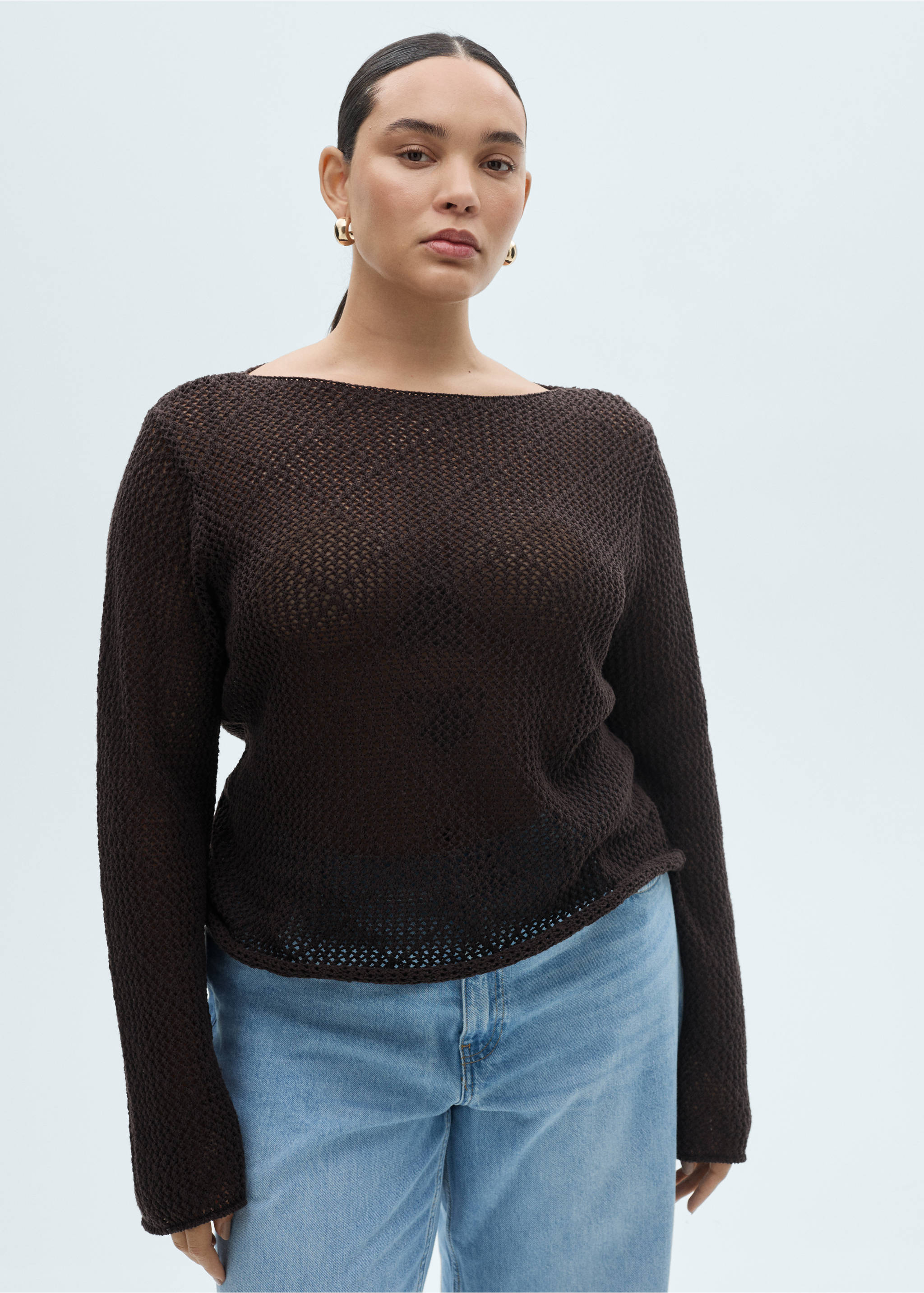 Knitted cotton sweater with lace design - Details of the article 5, Chocolate. Ref: 87015755-00.