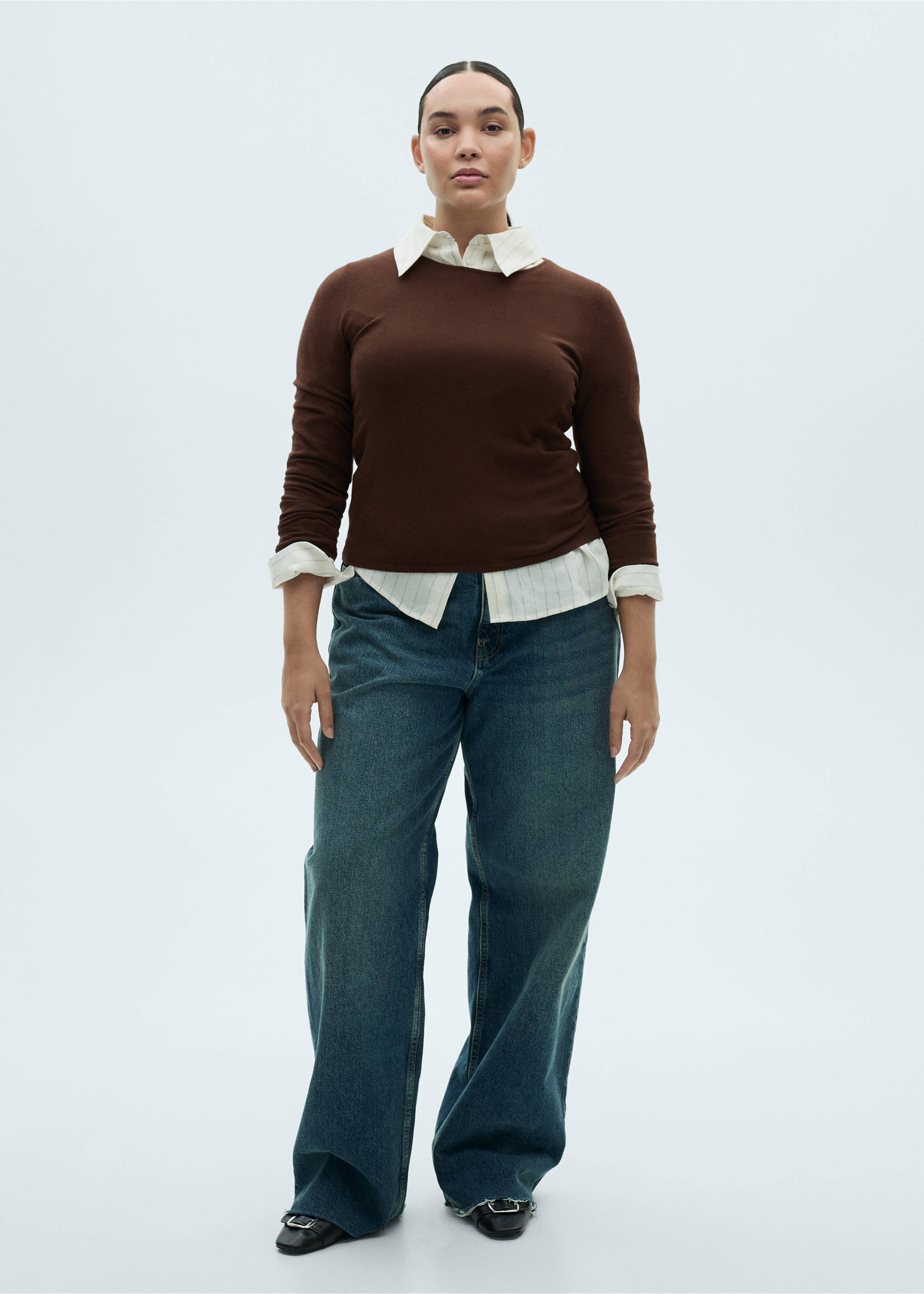 Fine-knit fitted sweater - Details of the article 6, Chocolate. Ref: 87015759-00.