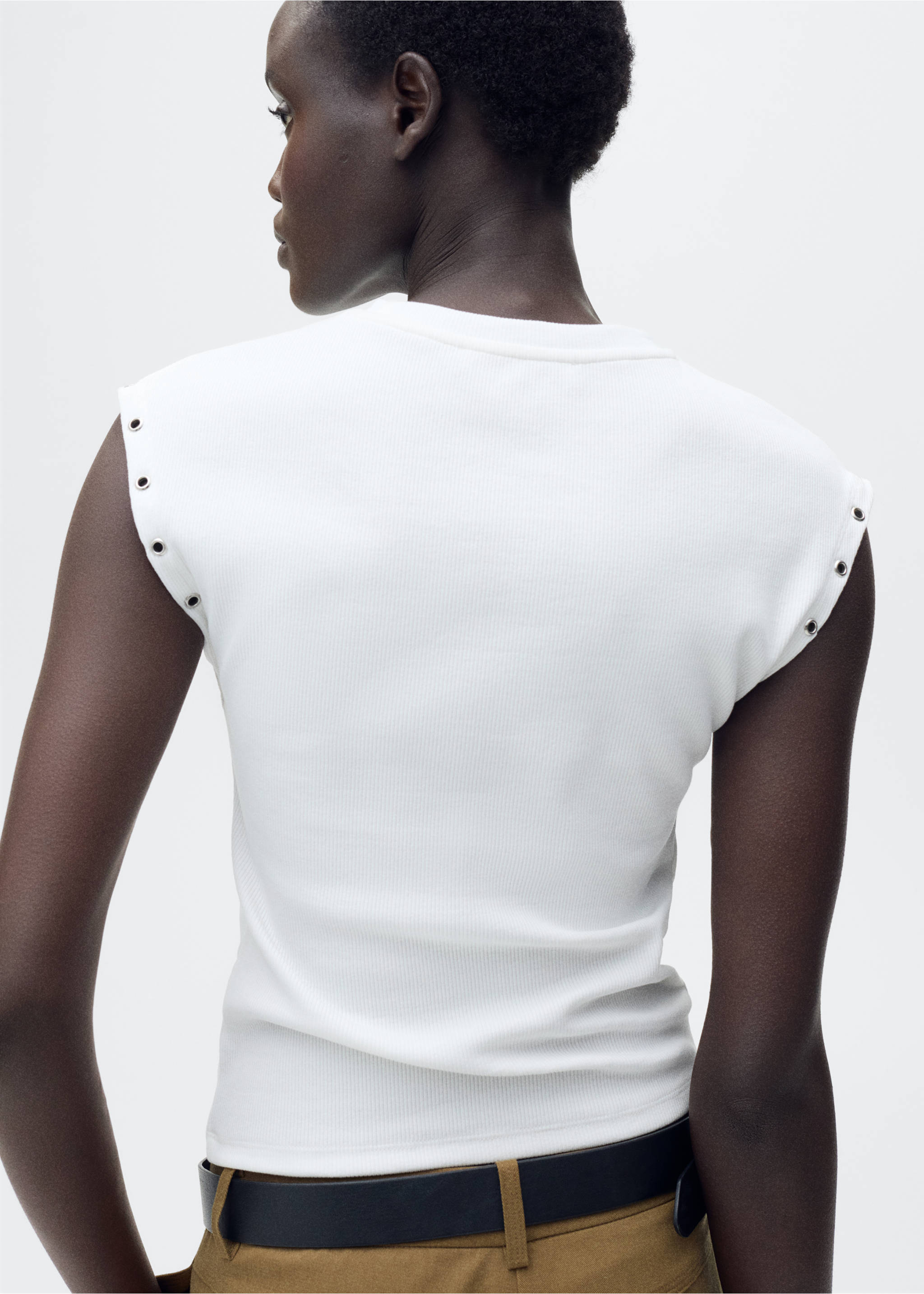 Geribd T-shirt met die-cut biesje - Achterkant van het artikel, Wit. Ref: 87015766-00.