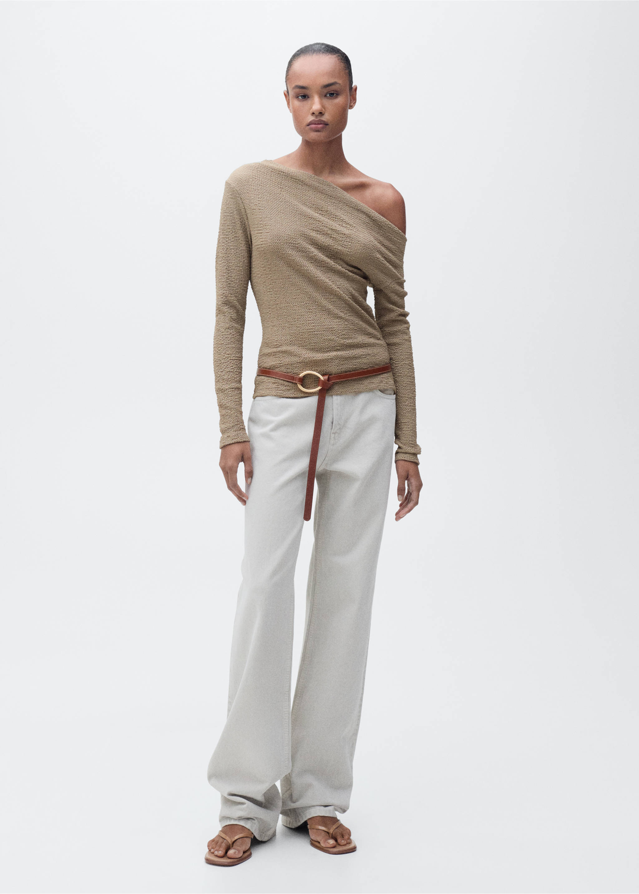 Textured asymmetrical neck t-shirt - General plane, Olive Green. Ref: 87015767-00.