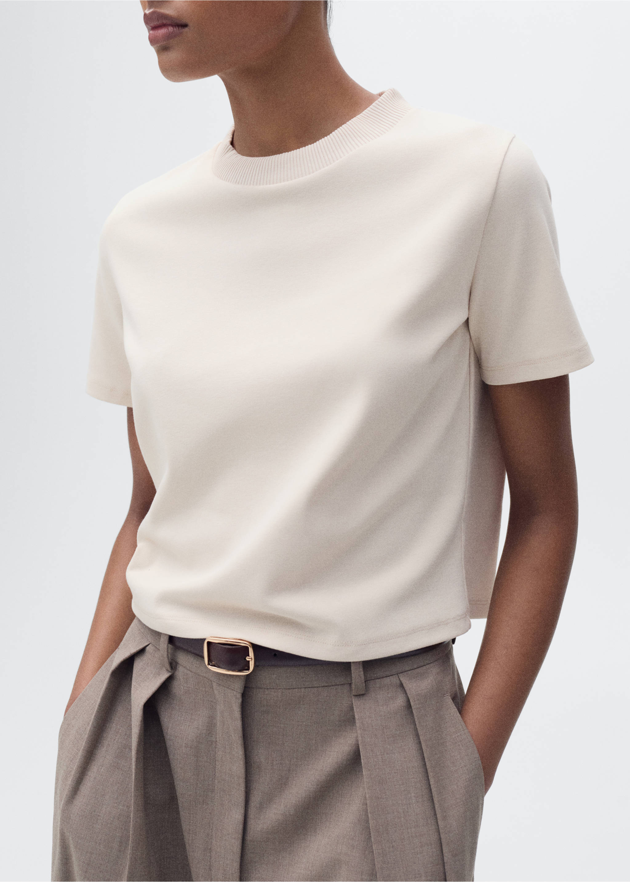 Short-sleeved cotton-blend t-shirt - Medium plane, Beige. Ref: 87015769-00.