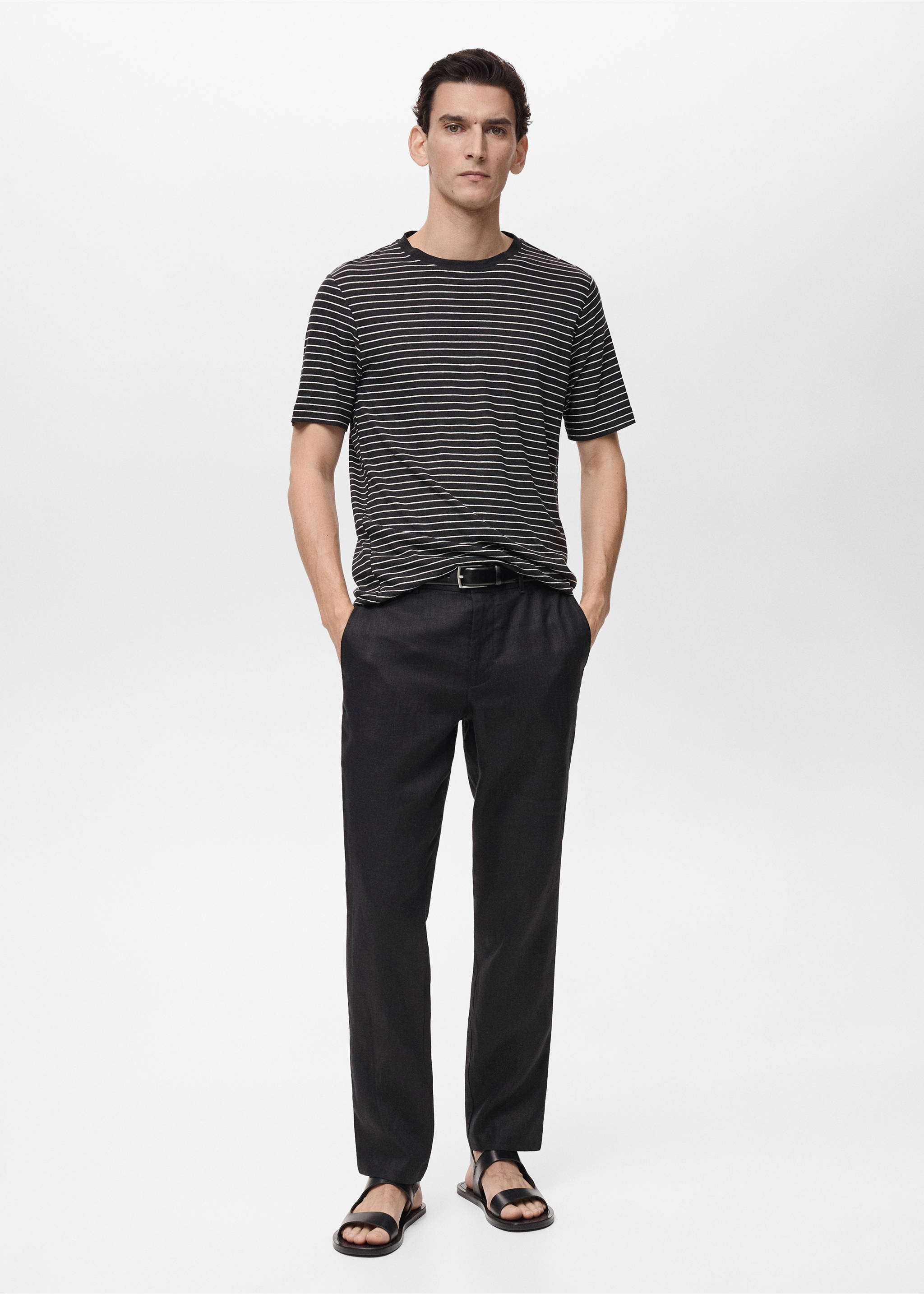 Striped slim-fit linen t-shirt - General plane, Black. Ref: 87015939-00.