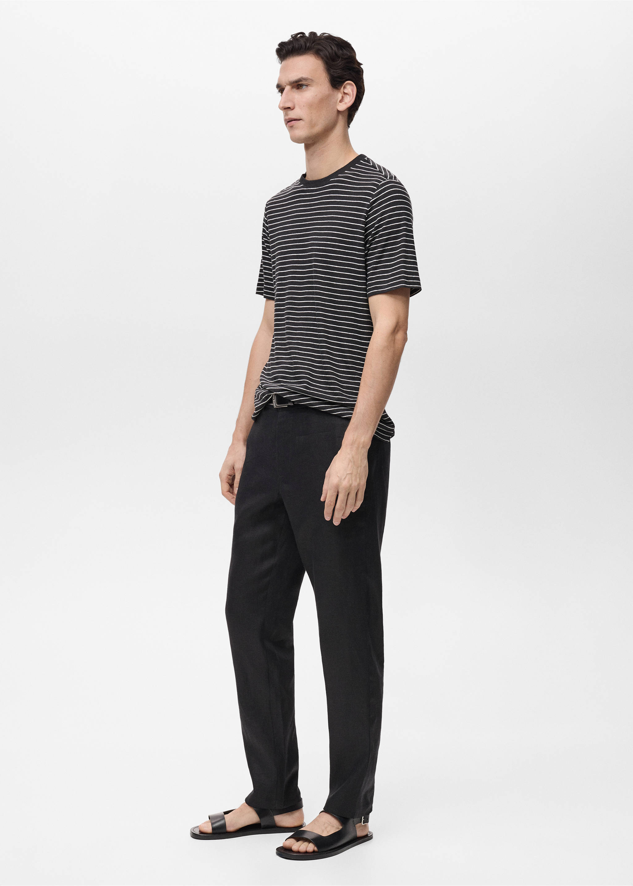 Striped slim-fit linen t-shirt - Details of the article 2, Black. Ref: 87015939-00.