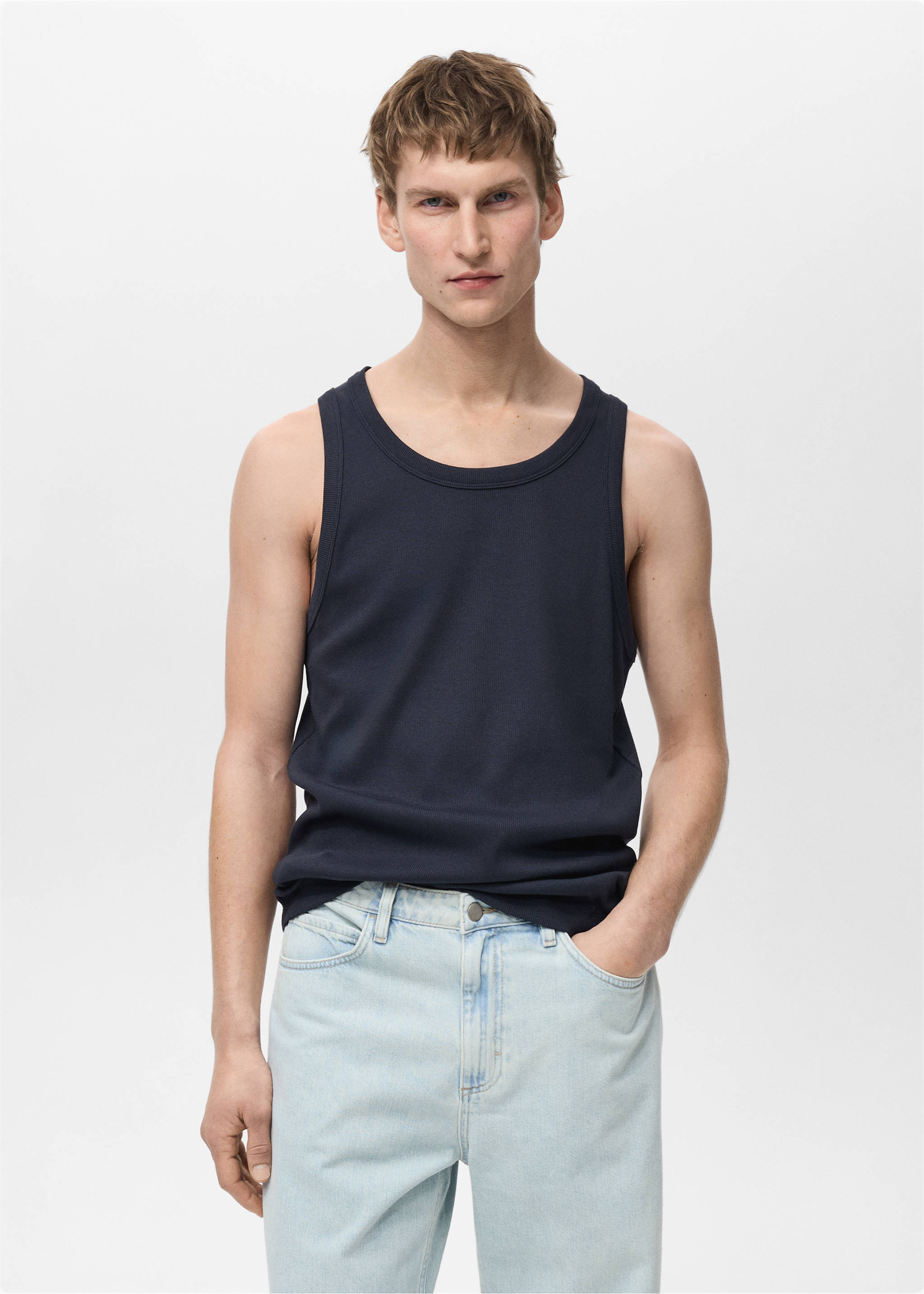 Débardeur côtelé slim fit - Plan moyen, Bleu marine foncé. Ref: 87015941-00.