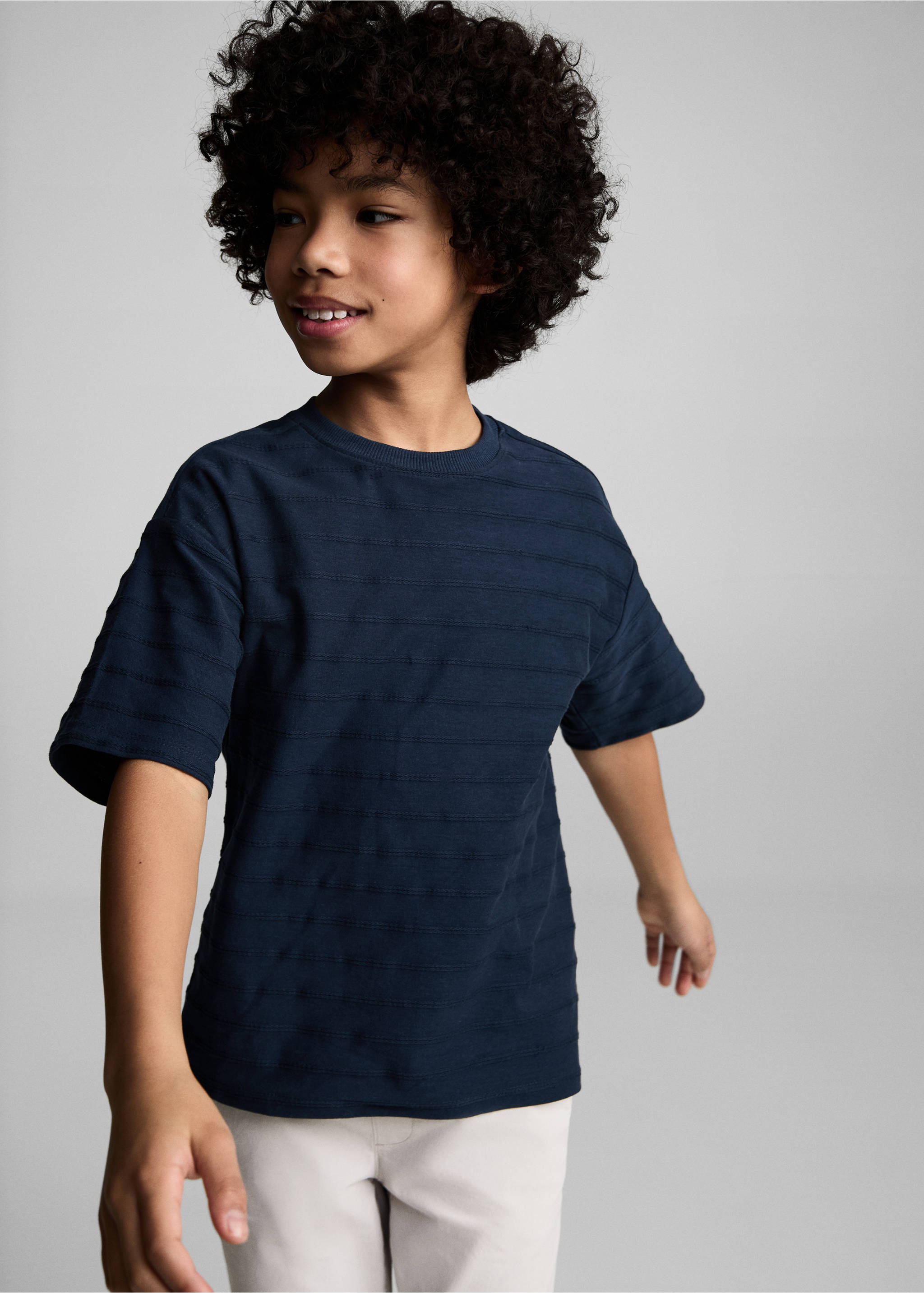 Embossed striped cotton T-shirt - Medium plane, Dark Navy. Ref: 87015963-00.