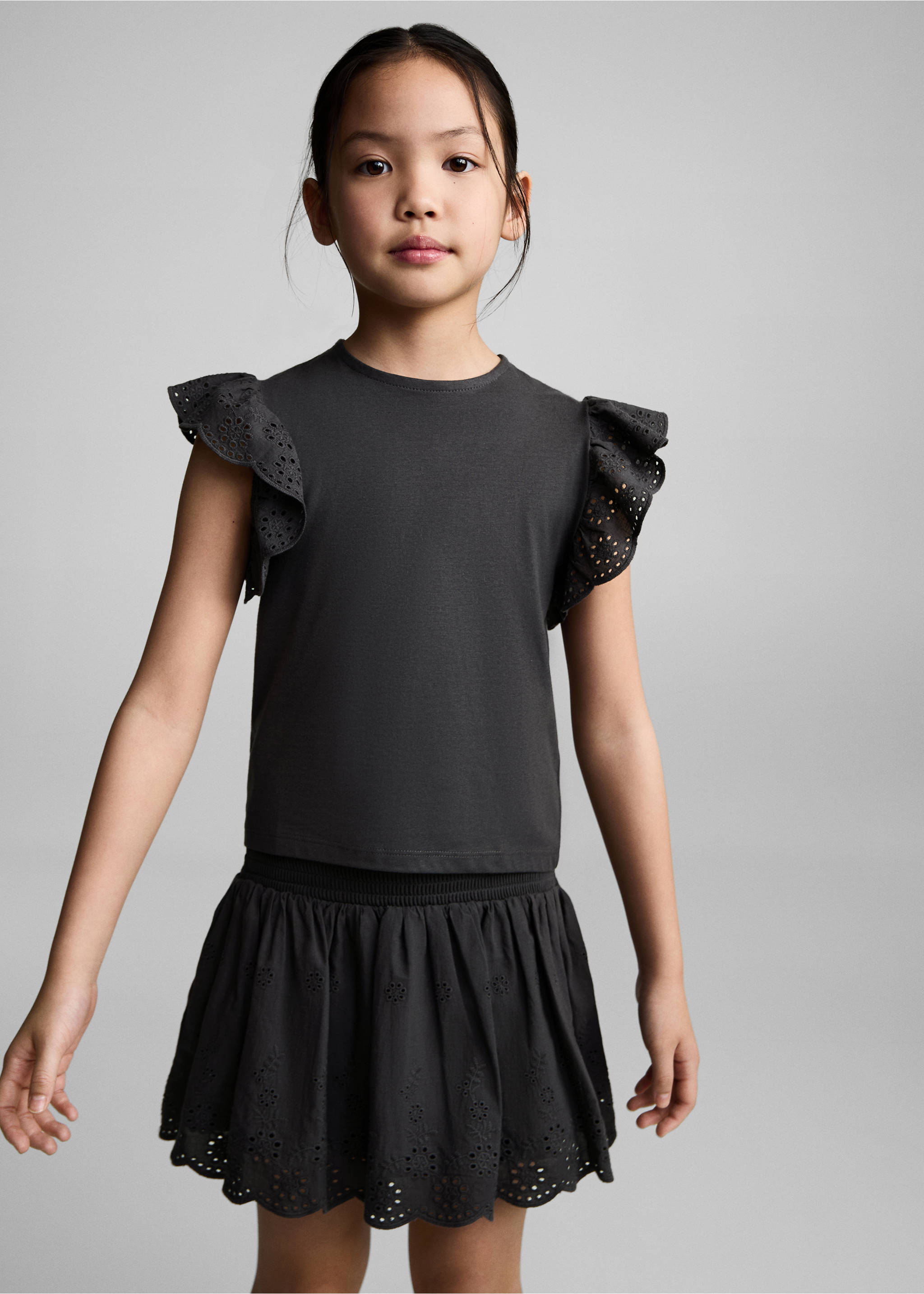Frills embroidered t-shirt - Medium plane, Charcoal. Ref: 87016356-00.