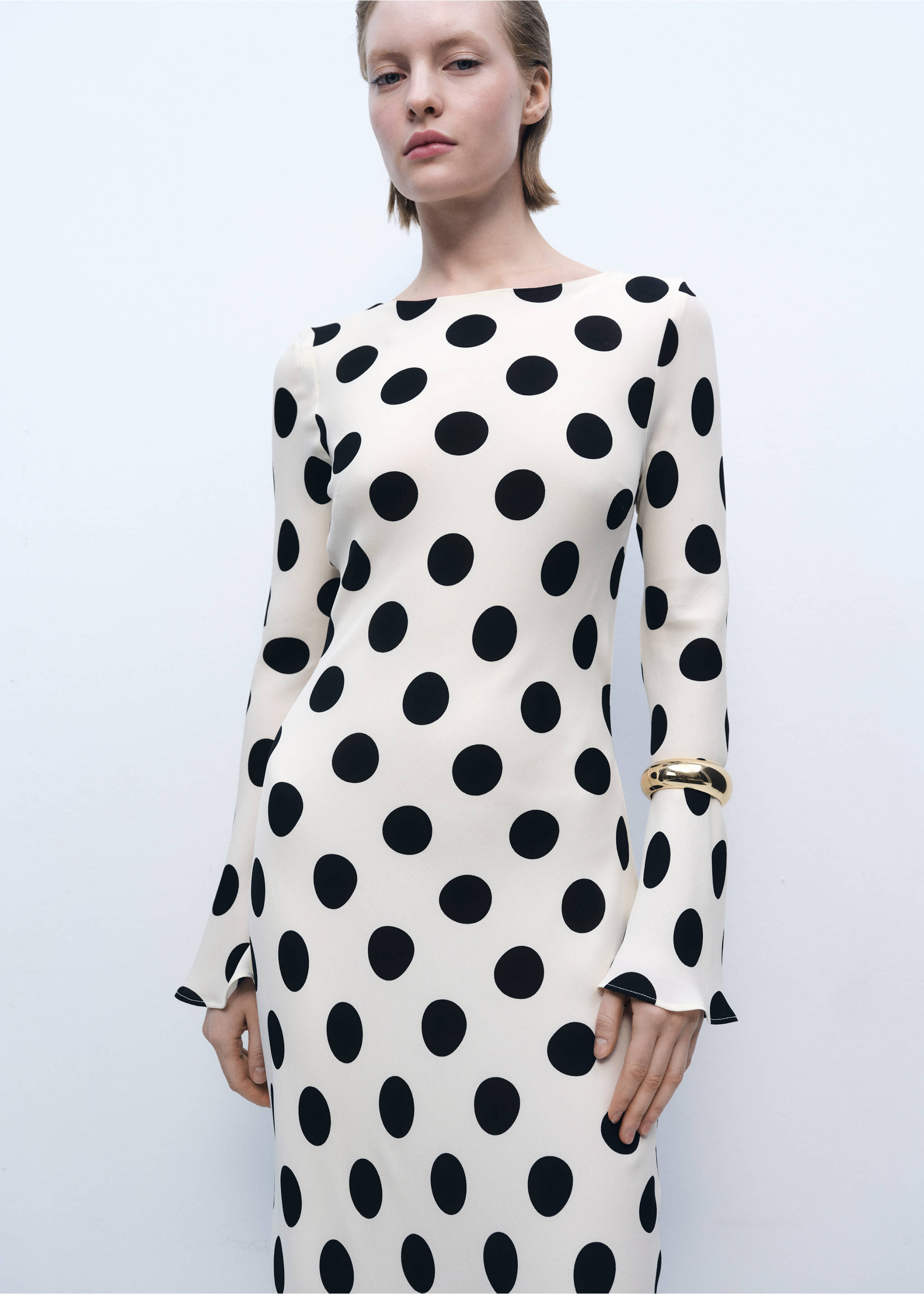 Flared sleeve polka-dot dress - Medium plane, Ecru. Ref: 87016362-00.