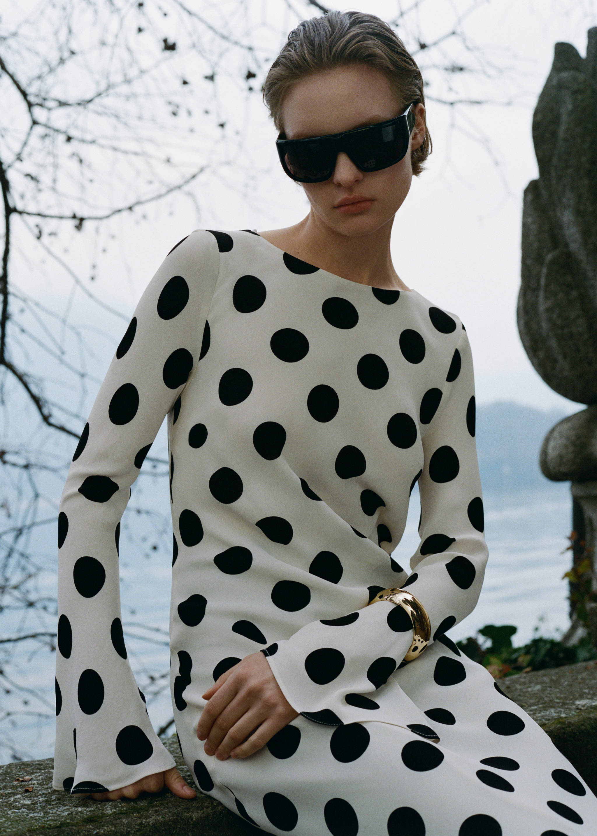 Flared sleeve polka-dot dress - Details of the article 7, Ecru. Ref: 87016362-00.