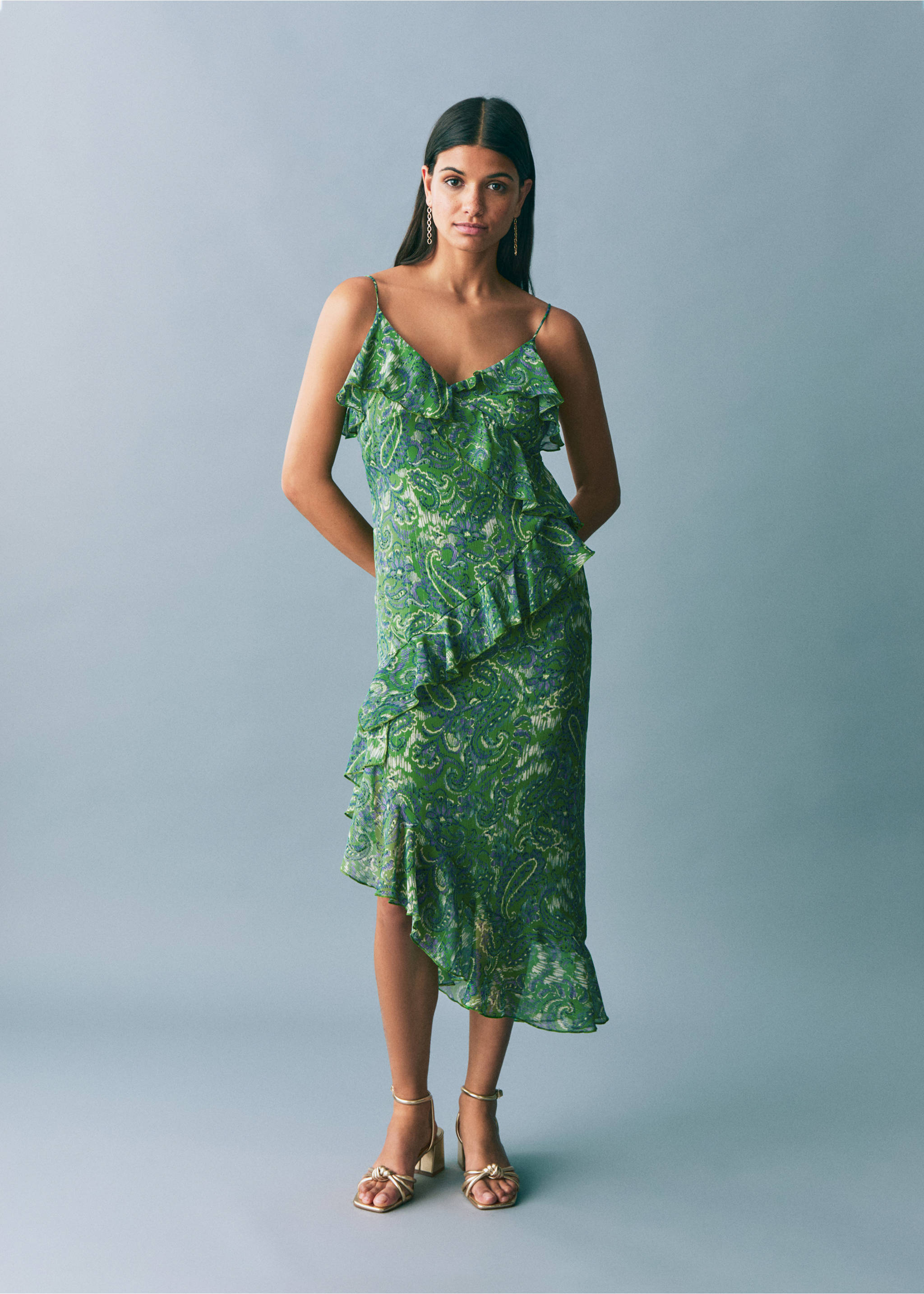 Vestido estampado volantes - Plano general, Verde. Ref: 87016373-00.