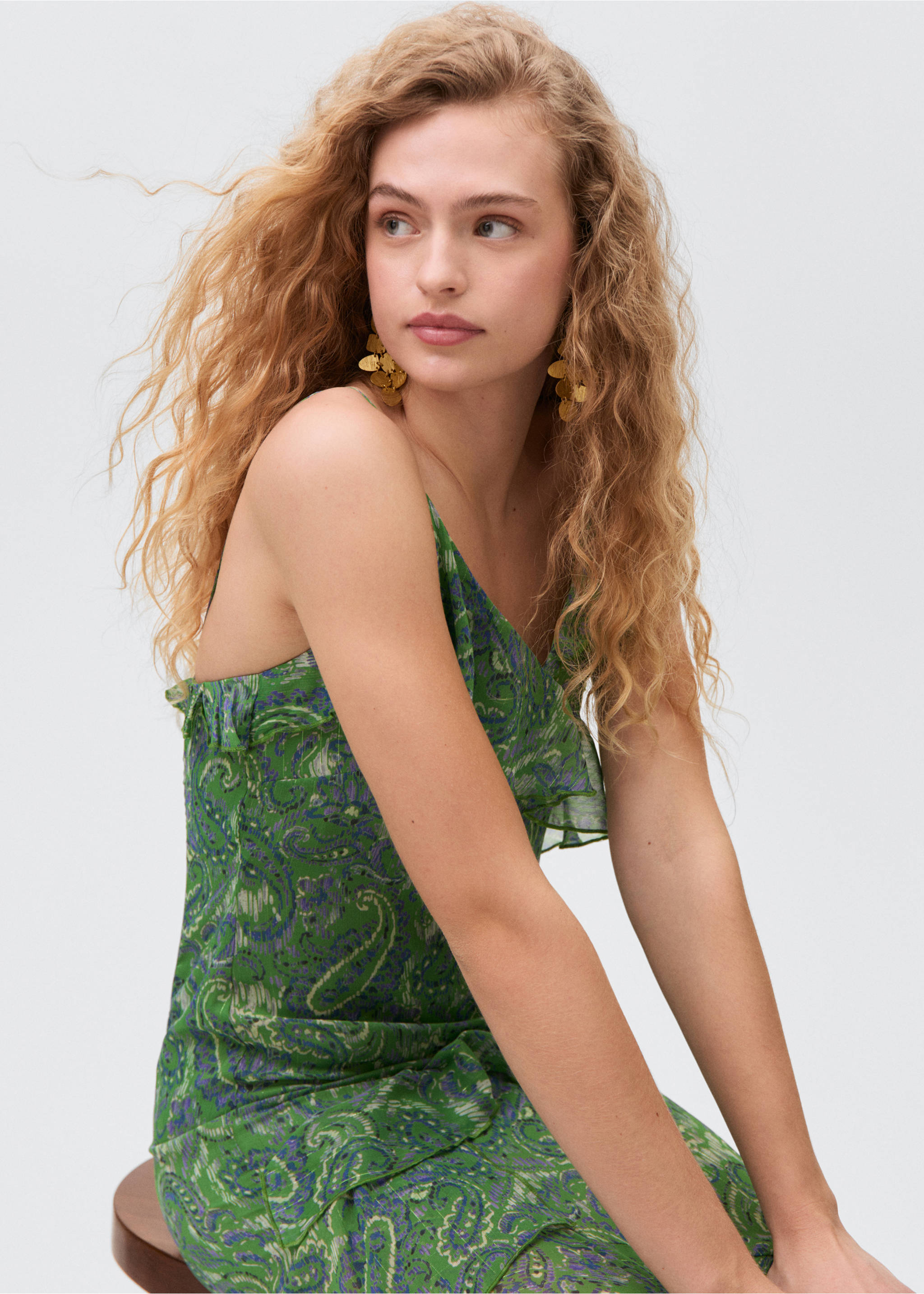 Ruffled printed dress - Details of the article 2, Green. Ref: 87016373-00.