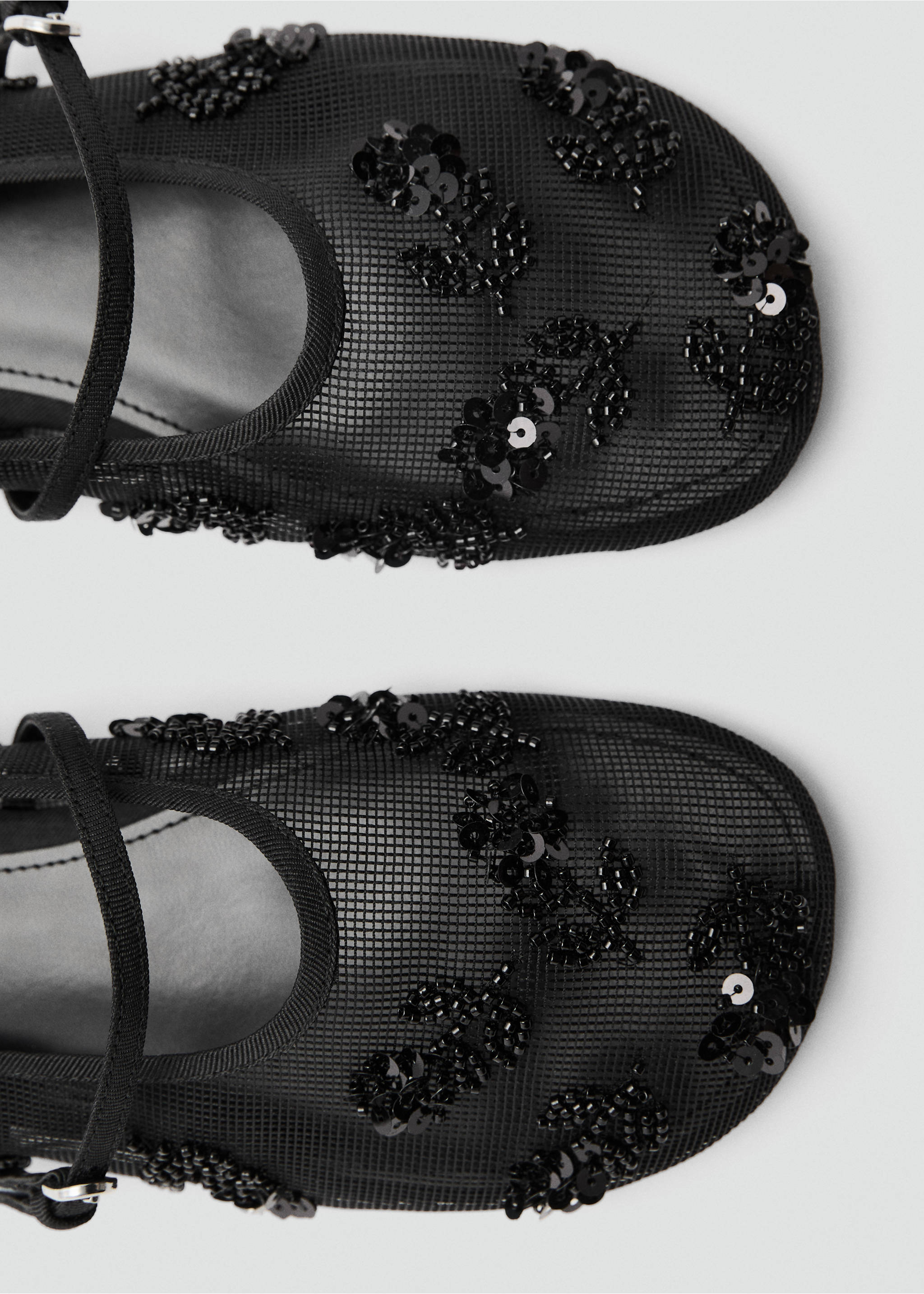 Mesh ballet flats with sequin-embroidered strap - Details of the article 1, Black. Ref: 87016714-00.