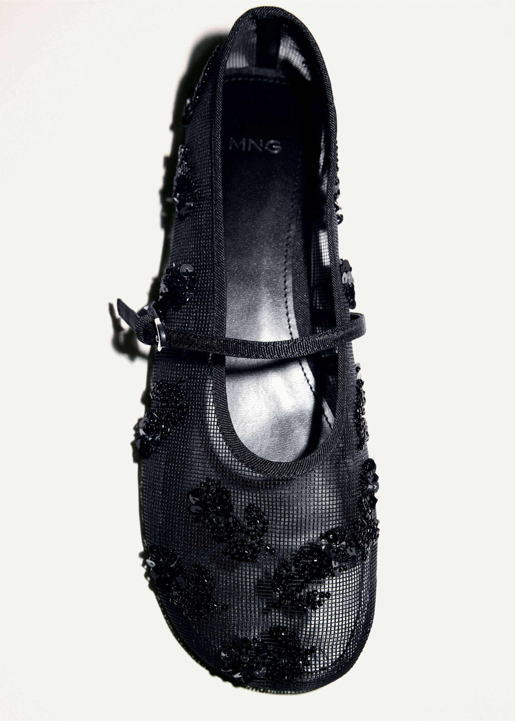 Mesh ballet flats with sequin-embroidered strap - Details of the article 5, Black. Ref: 87016714-00.