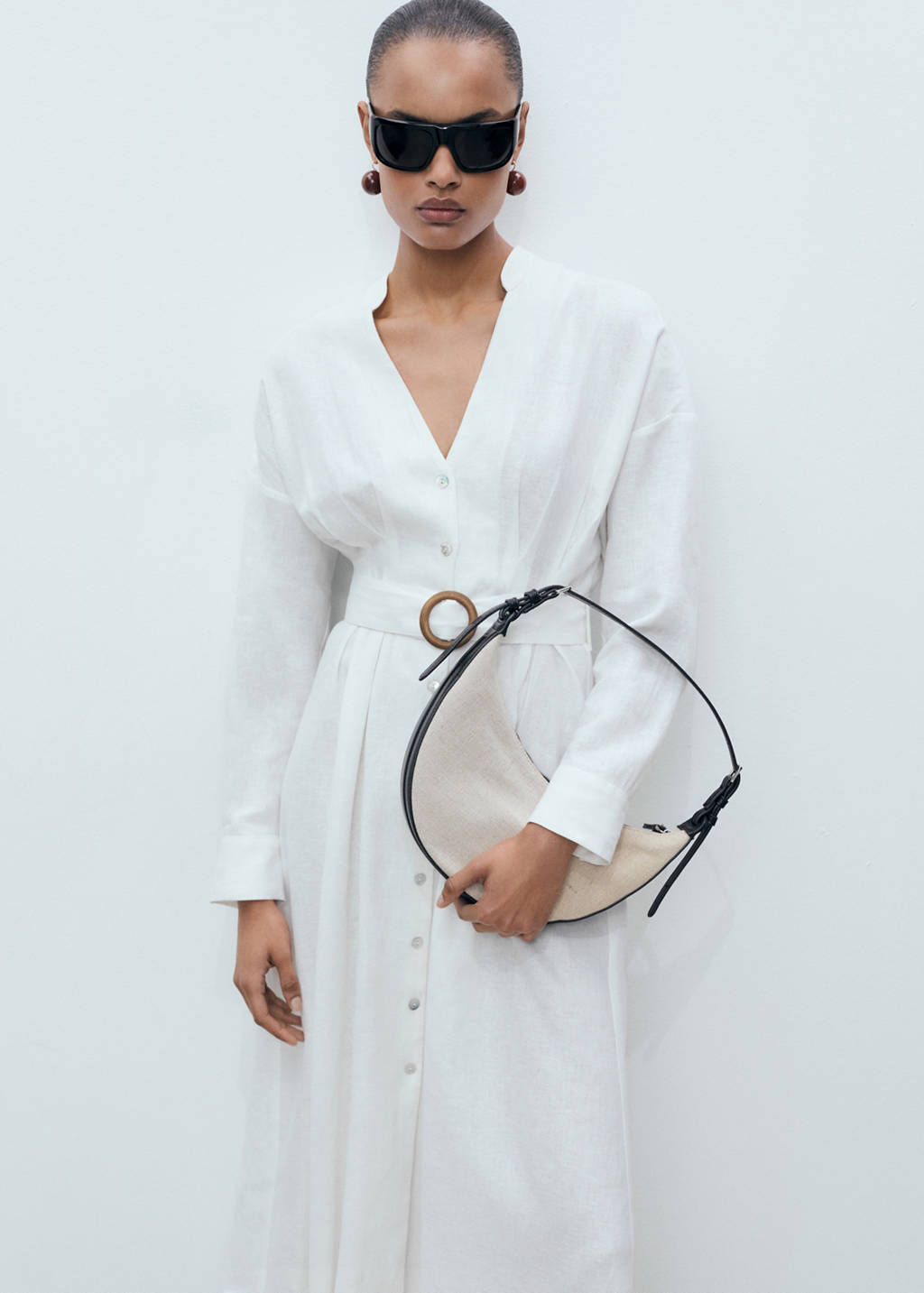 long sleeve shirt dress with belt Linen shirt dress with belt - Women