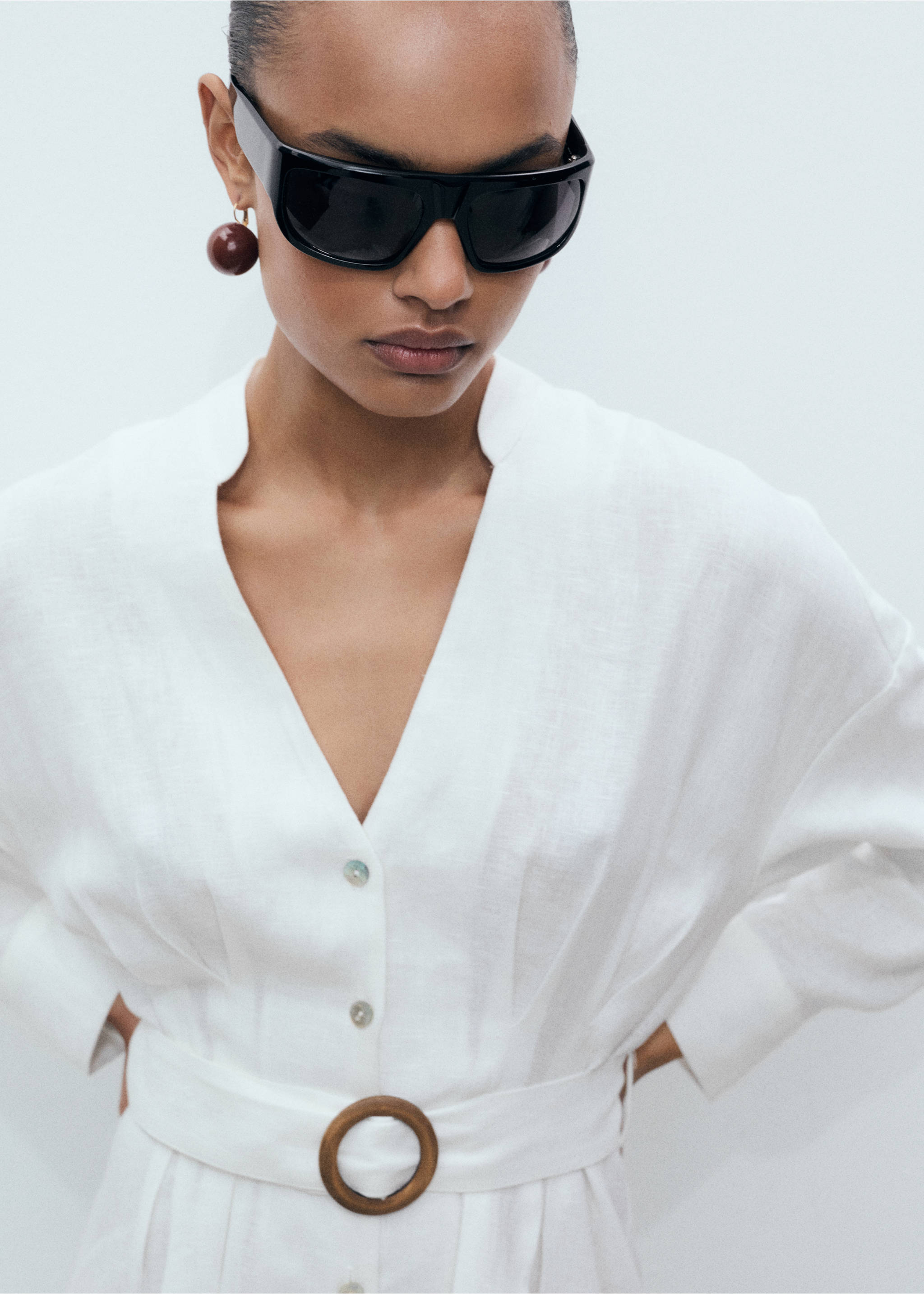 Rochie din in tip cămașă cu cordon - Detaliu al articolului 1, Alb. Ref: 87017166-00.