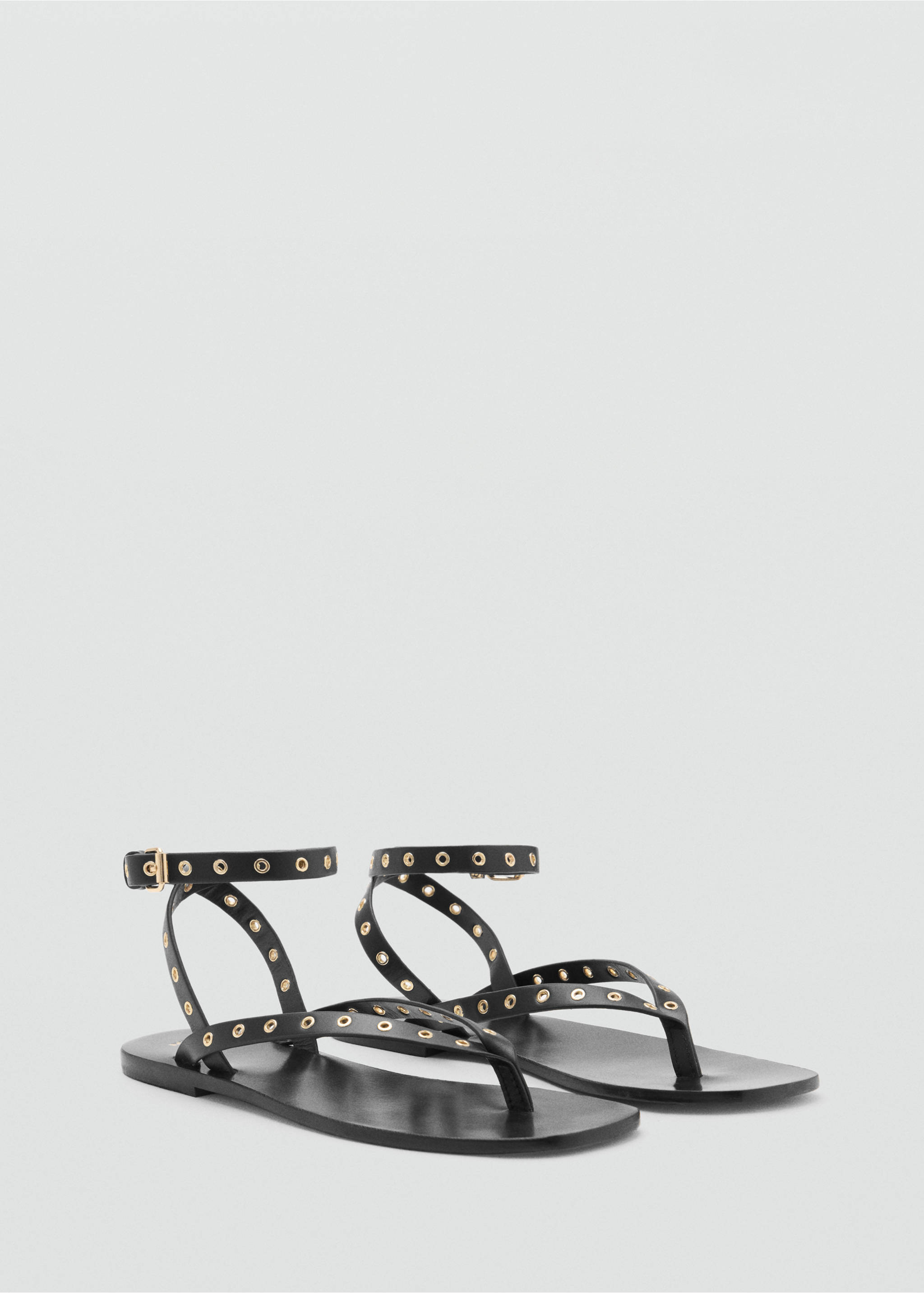 Leather sandals with eyelet straps - Medium plane, Black. Ref: 87017169-00.