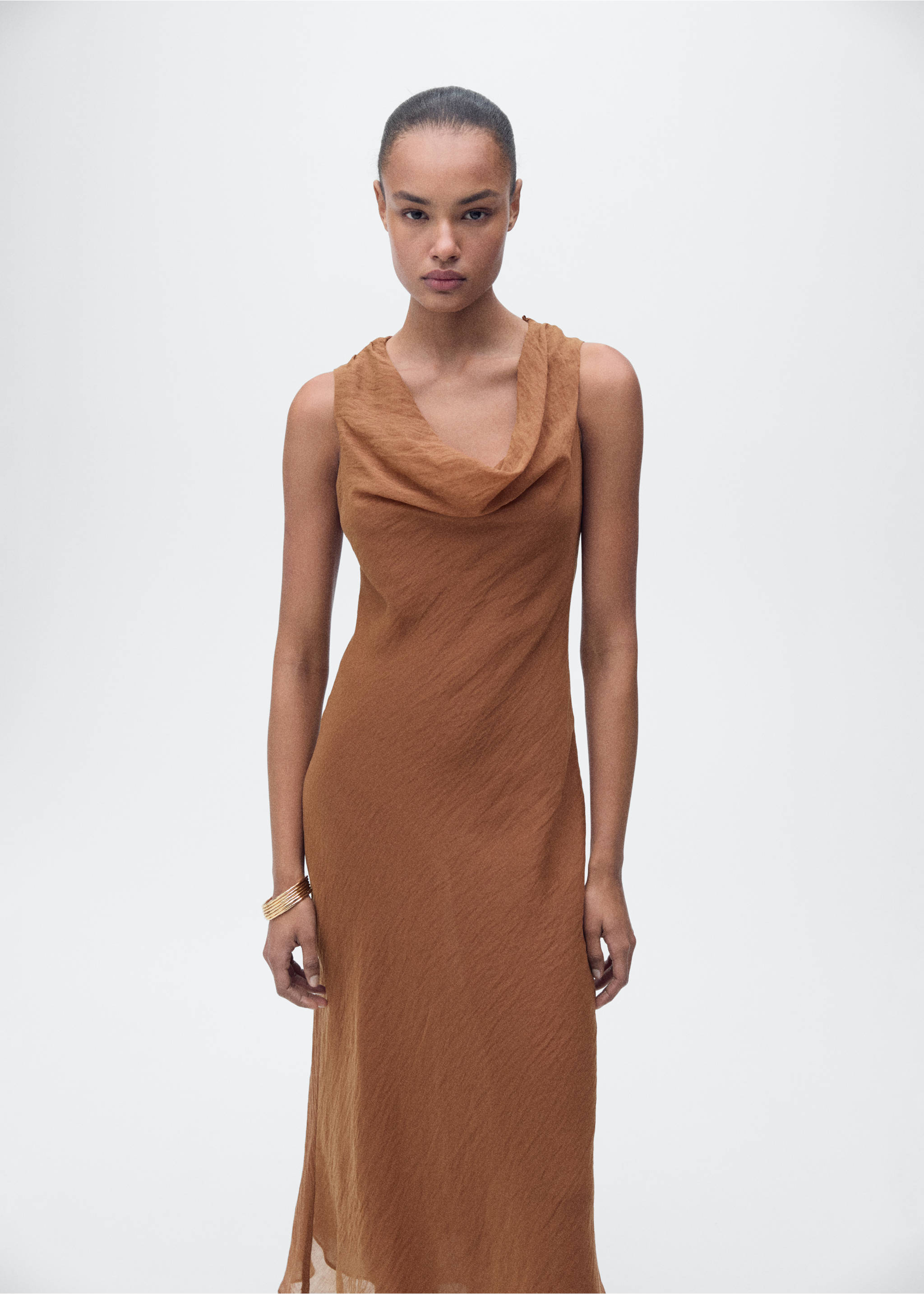 Draped-neck lyocell dress - General plane, Brown. Ref: 87017198-00.