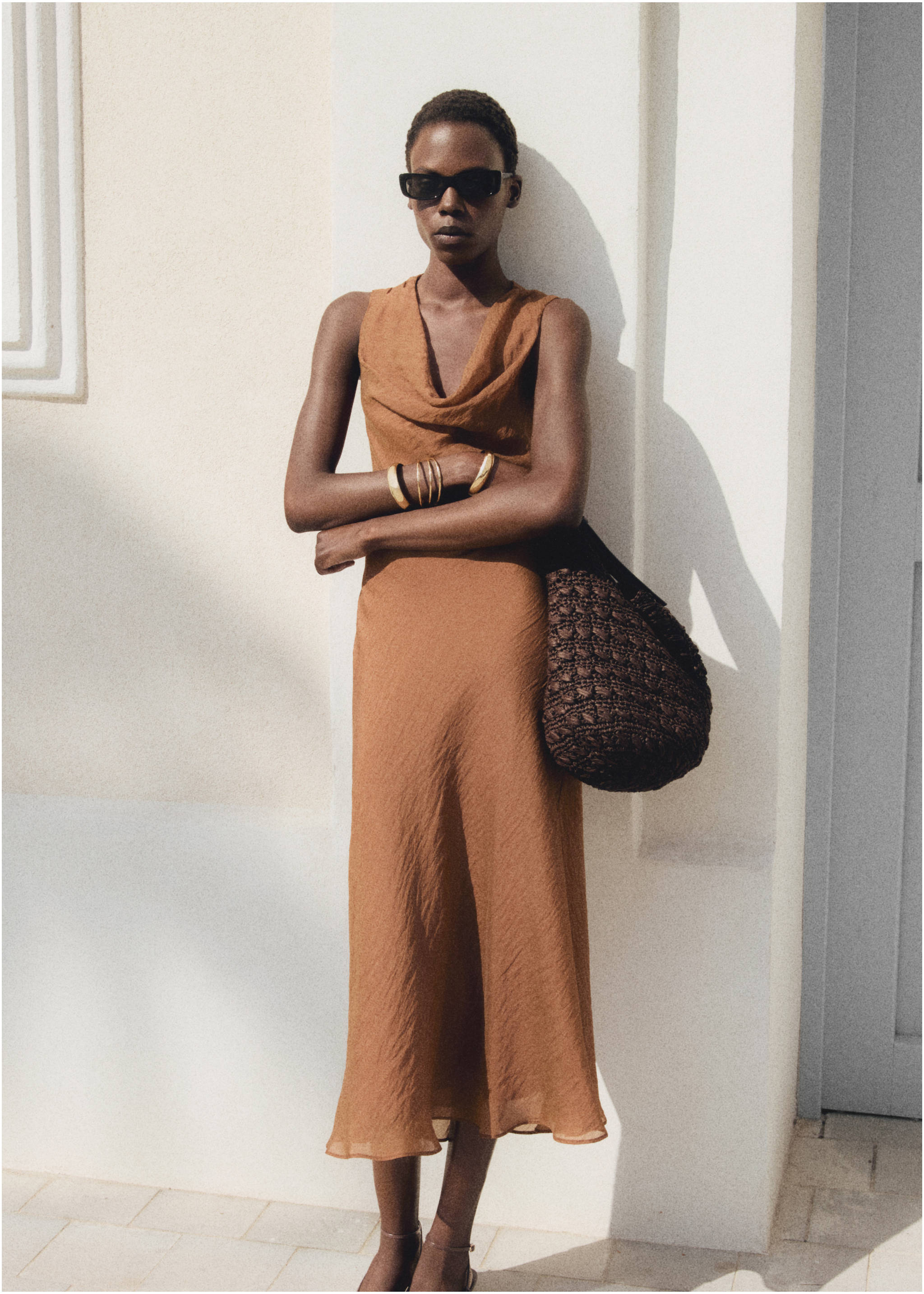 Draped-neck lyocell dress - Details of the article 3, Brown. Ref: 87017198-00.