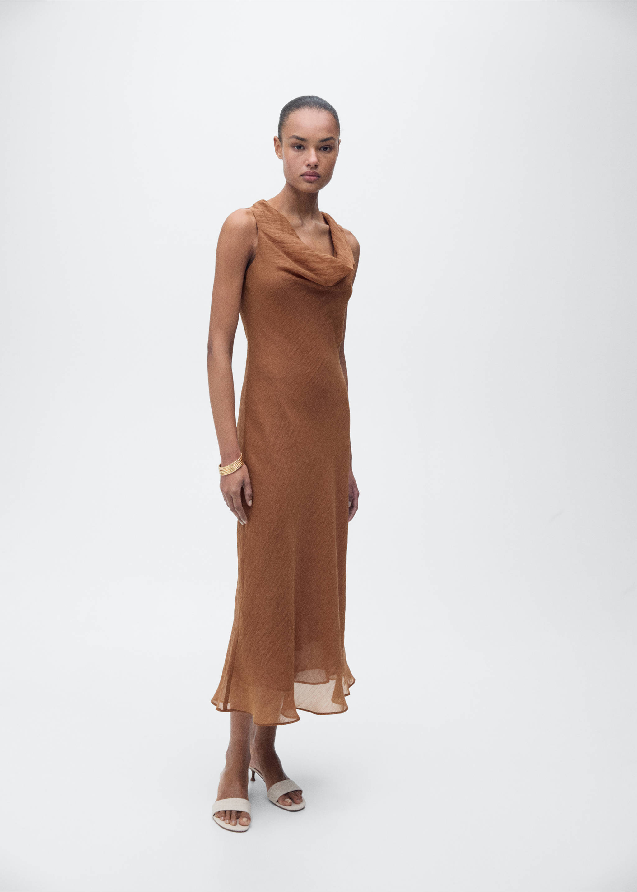 Draped-neck lyocell dress - Details of the article 2, Brown. Ref: 87017198-00.