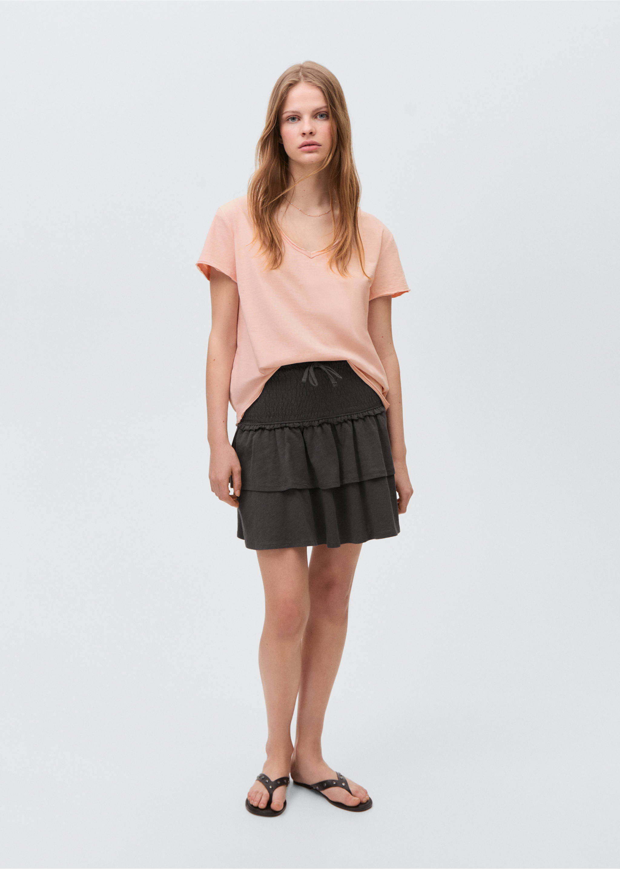 Camiseta algodón cuello pico - Plano general, Fresa. Ref: 87017686-00.